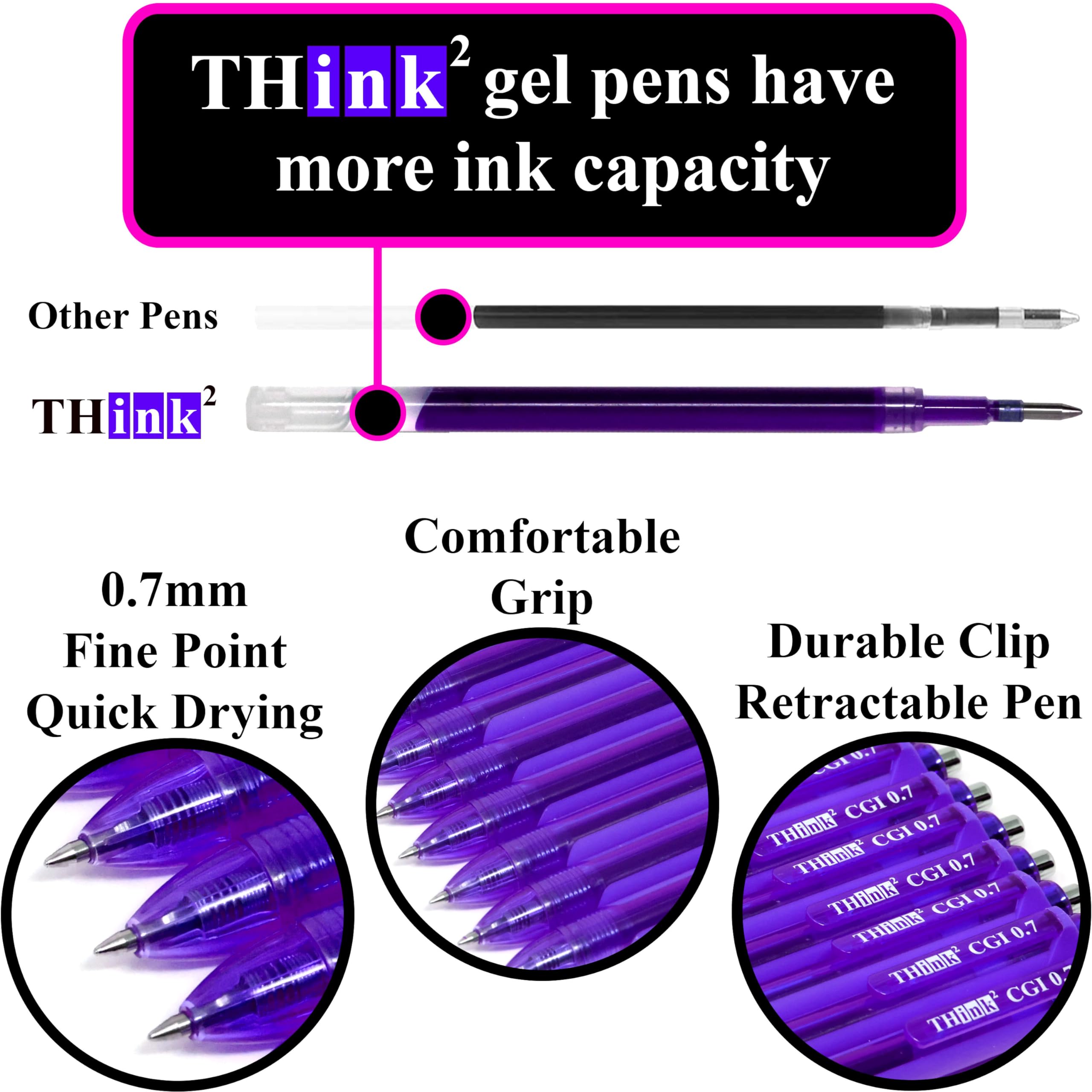 THINK2MASTER [24 bolígrafos de tinta morada] Think2 bolígrafos de gel retráctiles CGI de 0,7 mm (24 morados) de punta media con tinta suave de secado rápido.