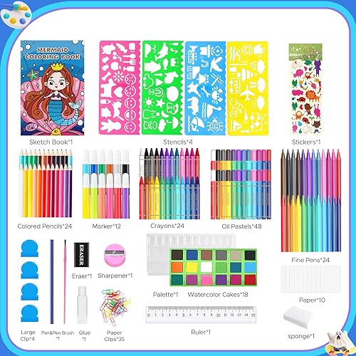 Miniatura 2 de homicozy Suministros de arte para niños de 4 a 12 años, juegos de dibujo de sirena, kits de colorear con caballete triple de doble cara, crayón,