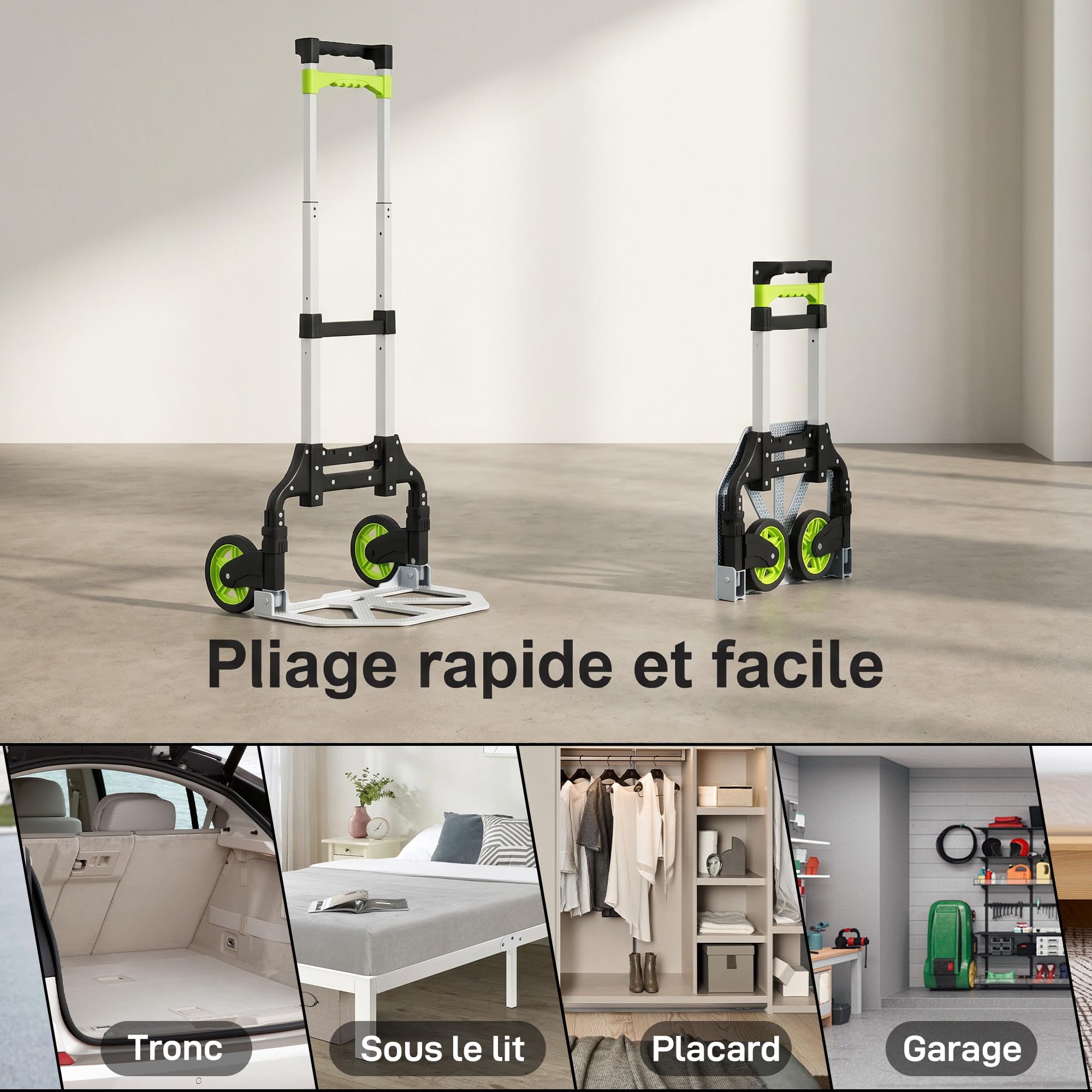 HOMCOM Diable Pliable Diable Pliant Poignée Télescopique 100 cm Vert | Charge 70kg, Chariot de Transport pour Objets Lourds & Volumineux, Aluminium, Entrepôt, Aéroport