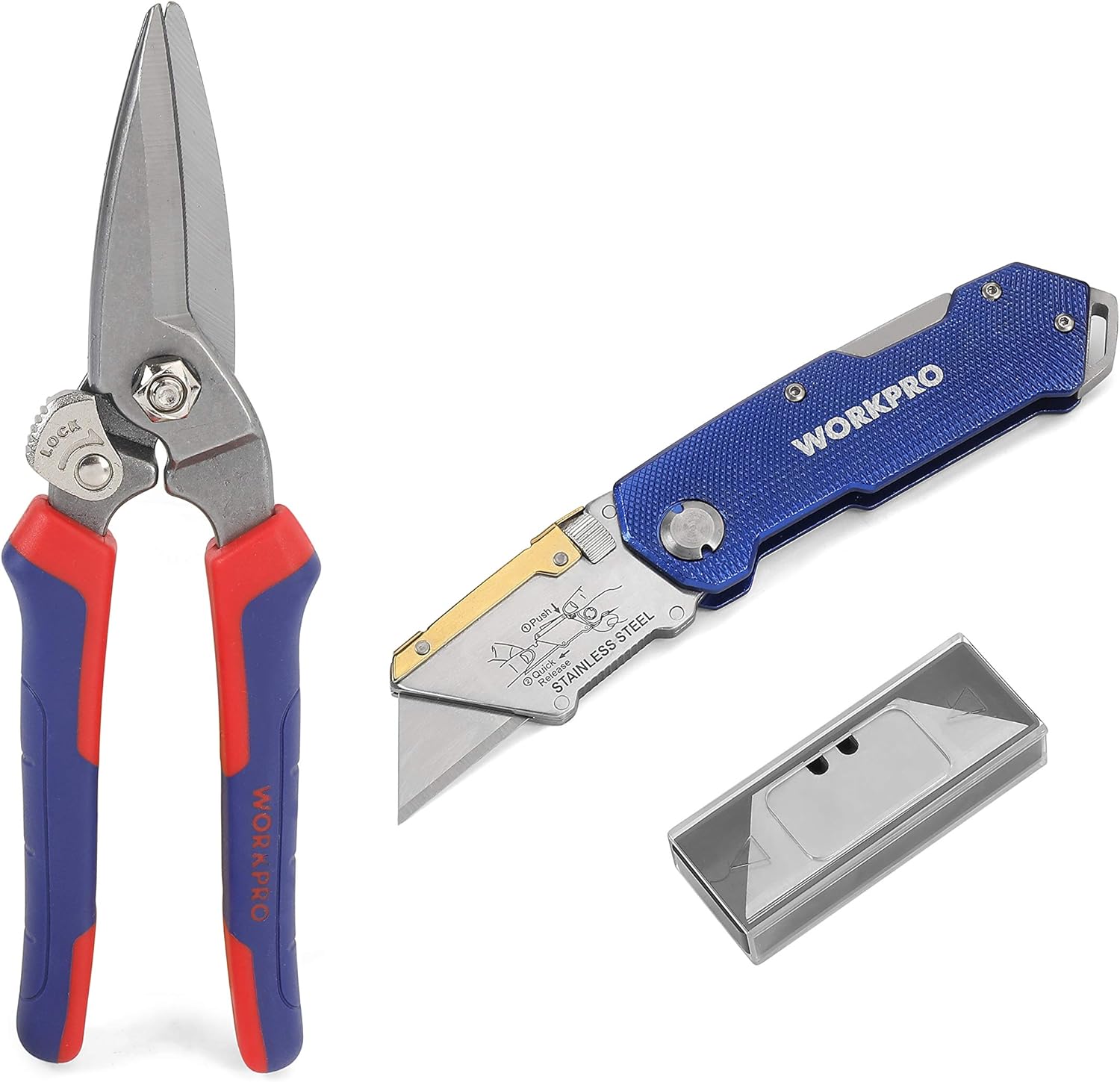 WORKPRO 万能はさみ 金切鋏 折畳み式カッター( 10枚替え刃付き)セット 金属 布 薄いカーペット 金網 家庭ごみの切断 ギザ刃 強力