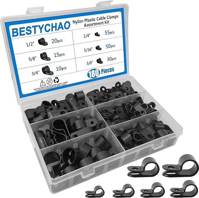 BESTYCHAO 180pcs Nylon R-Type Cable Clips, Plastic Cable Clamp Assortment Kit for Wire, Electrical Cable, Conduit