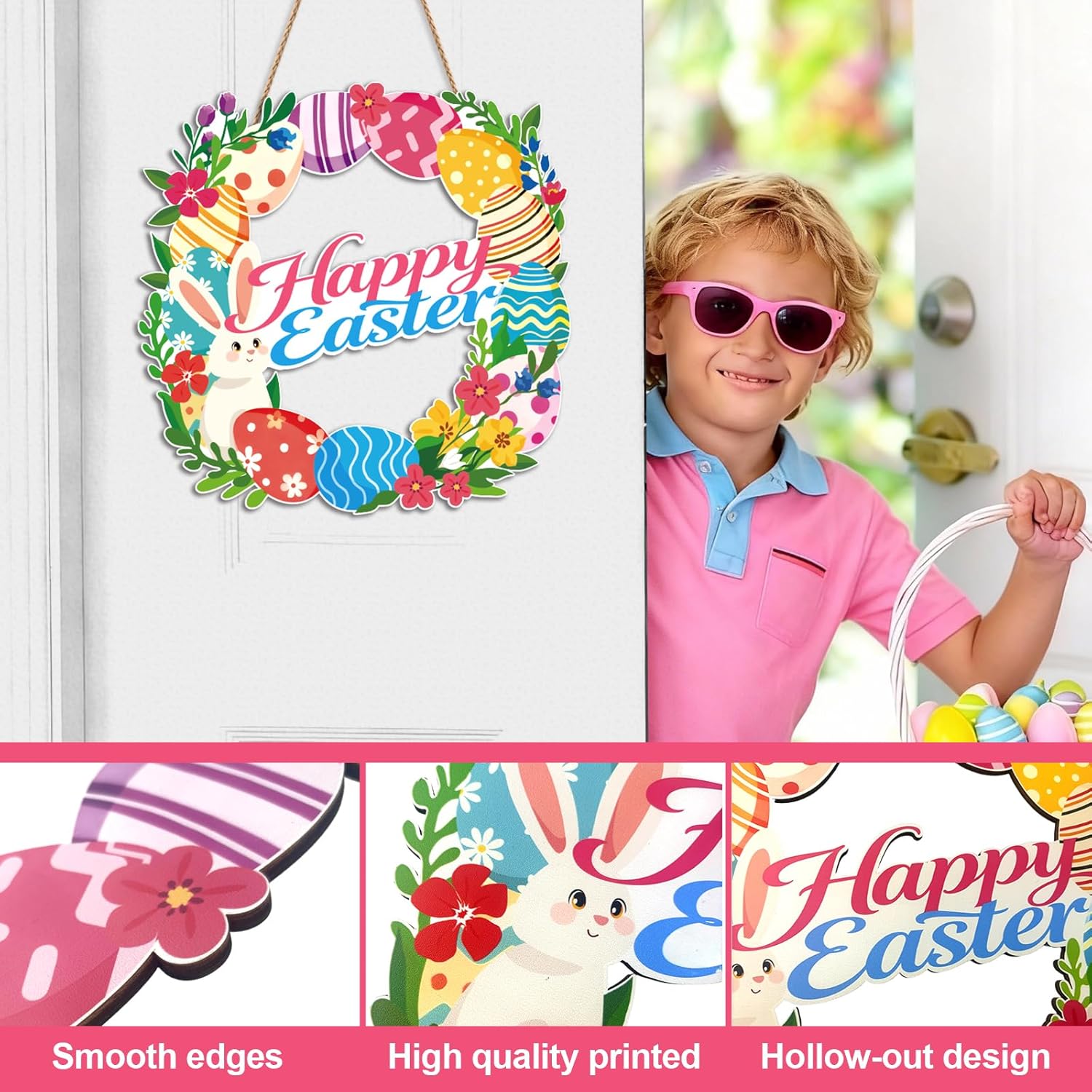 Wooden Easter Decoration Door Wreath, 12" Easter Wreaths for Front Door Wall Signs Rabbit Spring Hanging Ornaments, Spring Holiday Door Wall Home Garden Tree Decor - Image 3