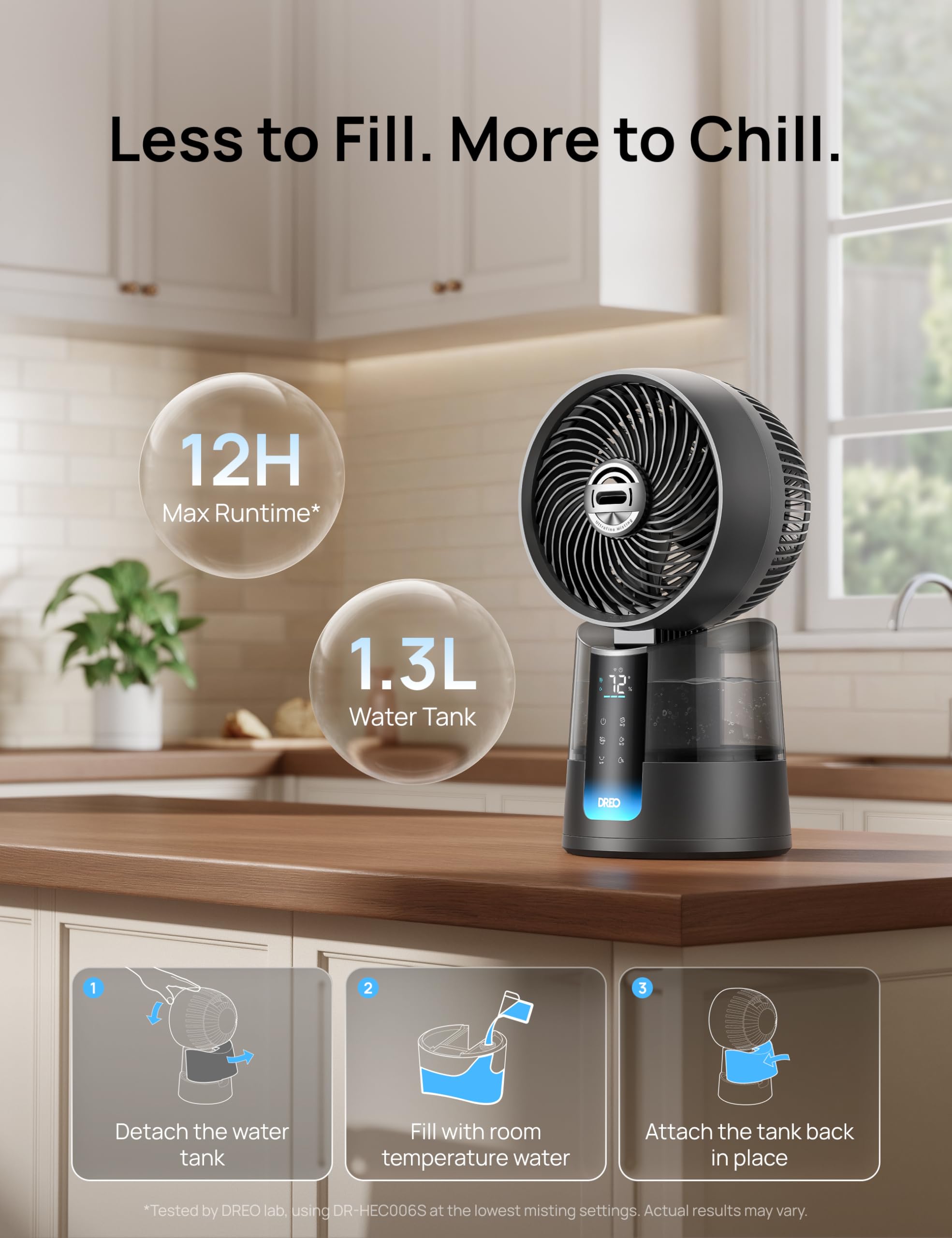 Dreo TurboCool Ventilador 516S, ventilador mesa oscilación 150° + 30°, enfriador evaporativo 7,9 m/s, niebla ultrafina, silencioso 20 dB, 6 velocidades, 2 modos, control app + mando.