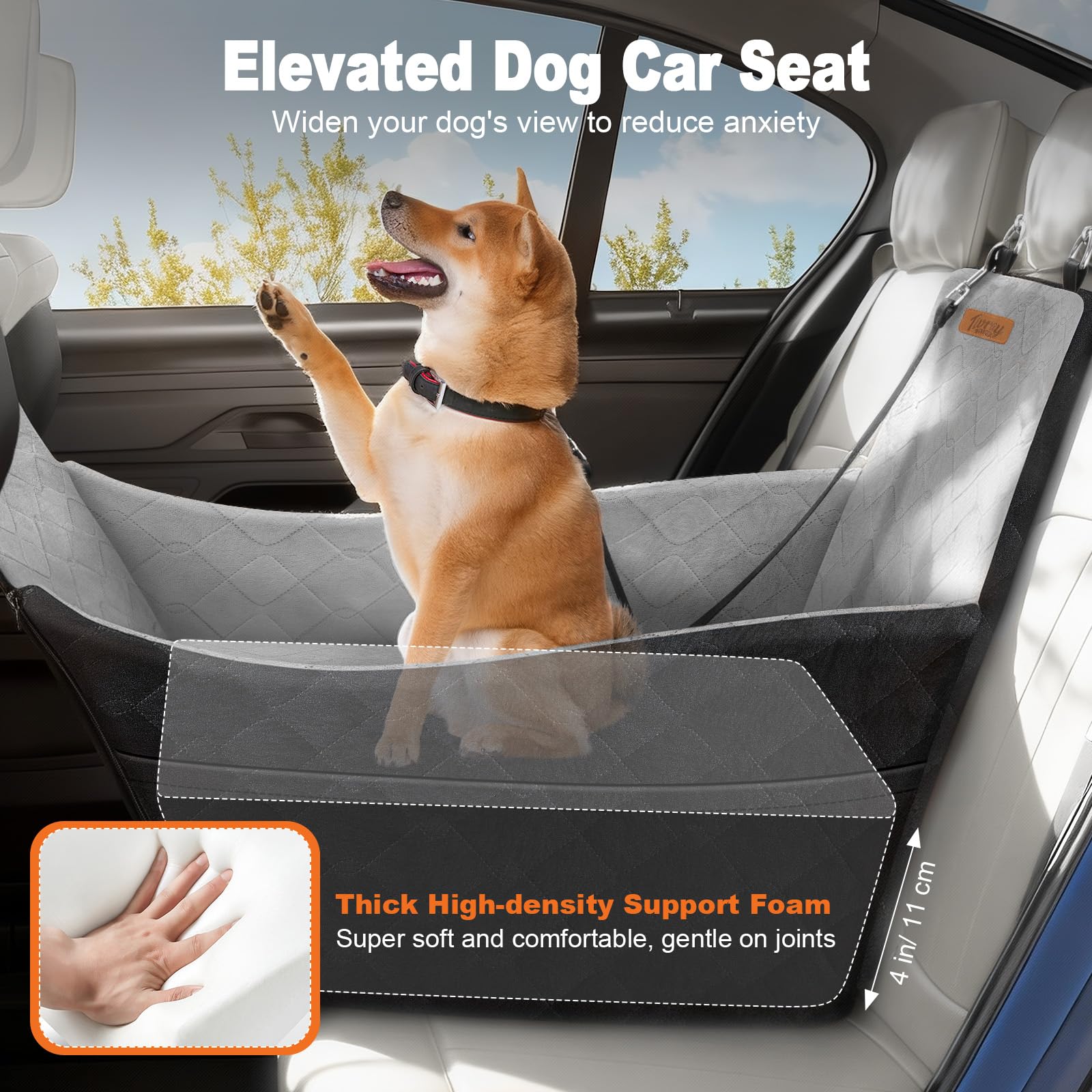 Seggiolino Auto Rialzato per Cani, Sedile Auto per Cani Piccoli e Medi fino a 16kg, Cuscino in Schiuma Lavabile, 3 Cinture di Sicurezza e 2 Tasche Portaoggetti, Nero & Grigio