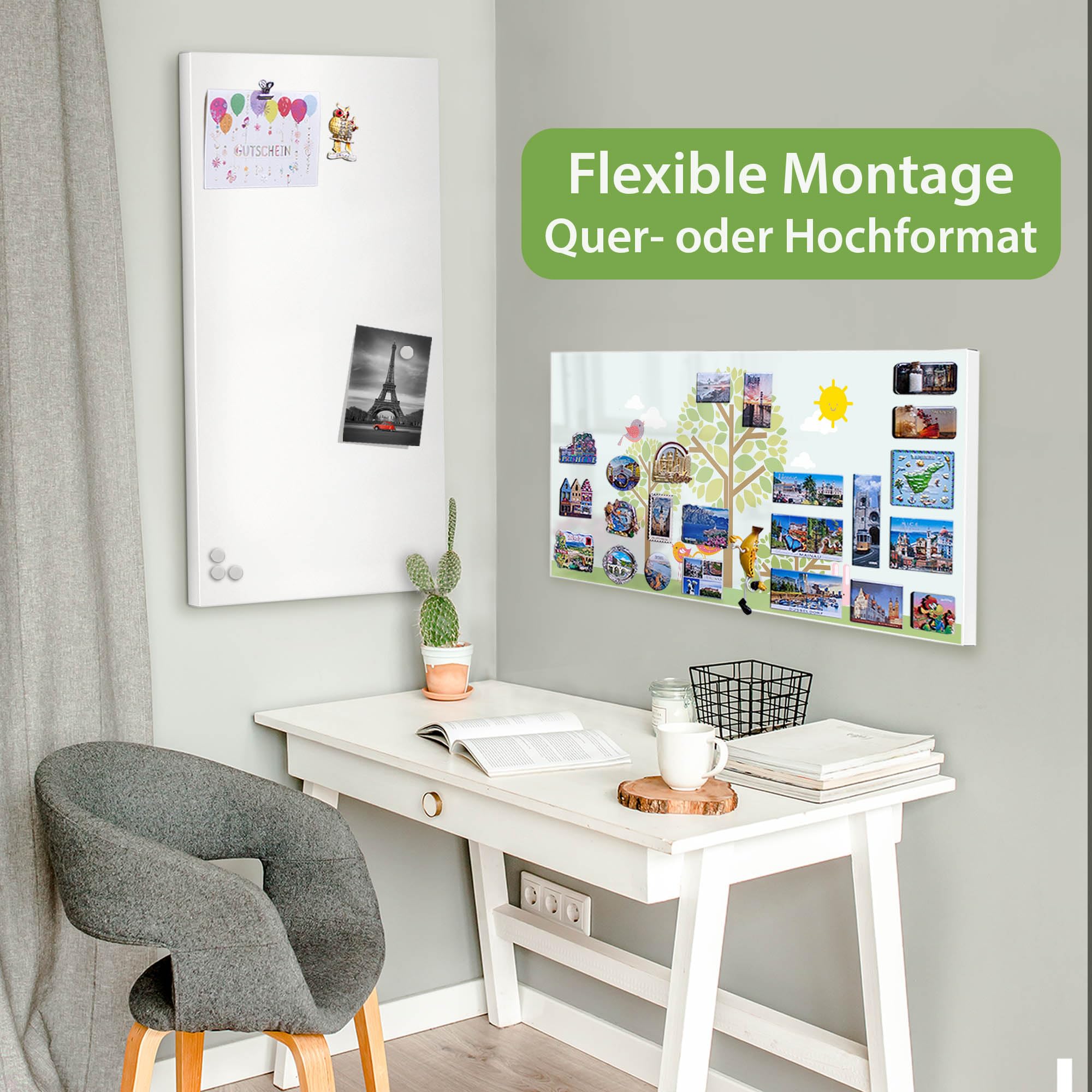 banjado Magnettafel Metall 78 x 37cm - beschreibbare Magnettafel - Metall Pinnwand als Memoboard - Magnetwand Küche, Büro, Kinderzimmer Weiß inkl. 4 Magnete & Montageset - Motiv Drei Bäume
