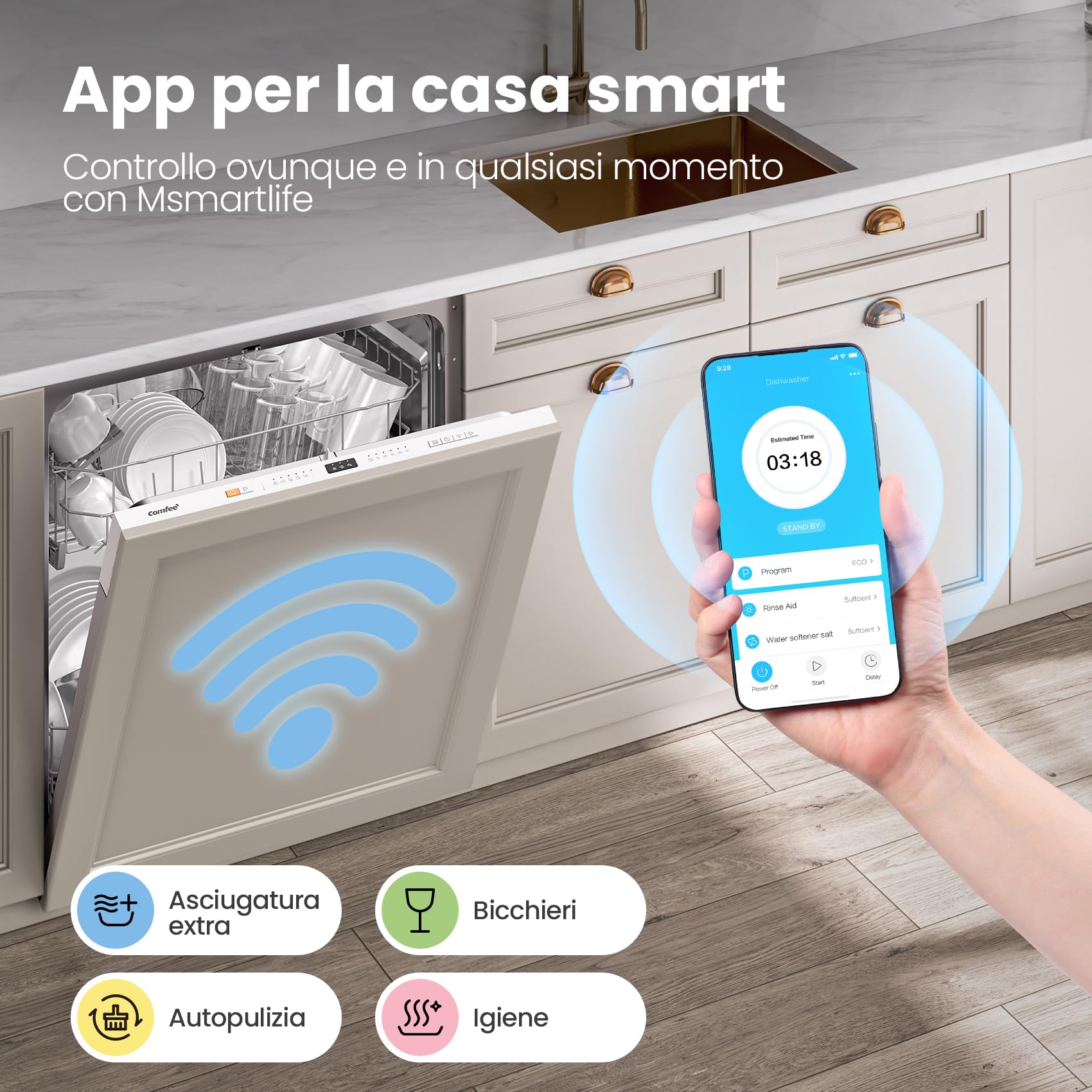 COMFEE' CDWPB1215P-W Lavastoviglie da Incasso con 12 coperti, 8 Programmi, di avviamento ritardato, Funzione di Mezzo Carico, Home Connect, cloud wash, Asciugatura Extra - Inox