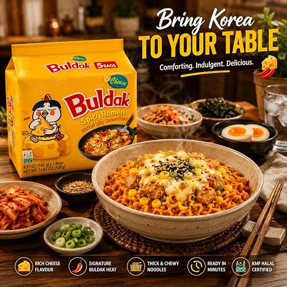 Buldak Noodles Cheese Spicy Chicken Flavor Ramen 10 Pack - Ramen Instant Noodles Excellent for Snack and Soups