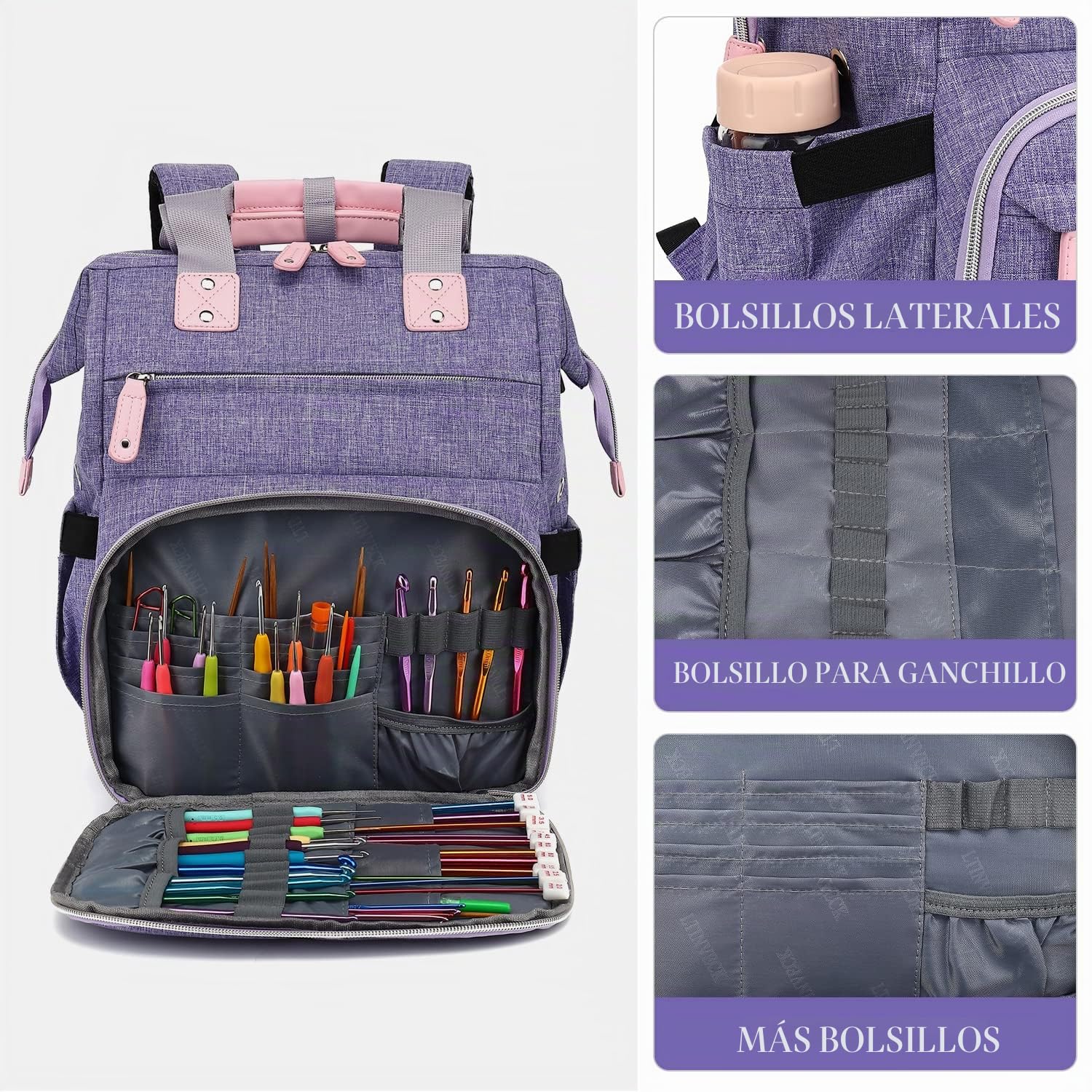 LTINVECK Mochila de ganchillo, bolsa de tejer, organizador de almacenamiento de hilo, bolsa de viaje de ganchillo con puerto de carga USB, bolsa grande de hilo