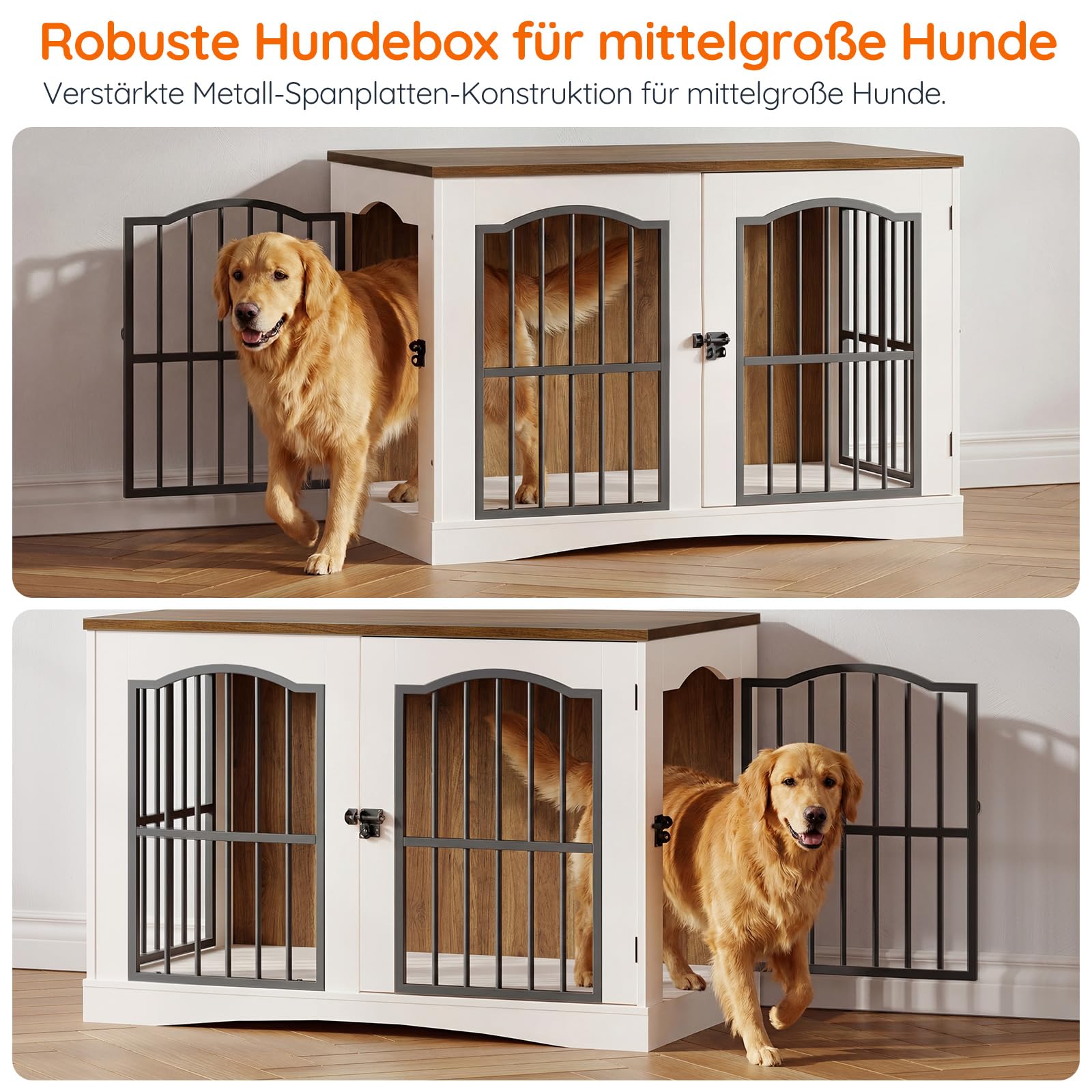 HOOBRO Hundekäfig Möbel, 100cm Hundebox für Zuhause, Moderne Hundebox Indoor mt 3 Türen für mittelgroße Hunde, für Wohnzimmer, Schlafzimmer, Treppenhaus, 100 x 60 x 67,5 cm, Weiß und Walnuss EWH66GW03