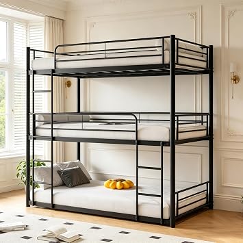Metal Triple Bunk Bed, Twin Over Twin Over Twin Heavy Duty Bunk Beds with Ladders and Safety Guardrails, Noise Free, No Box Spring Needed, Black