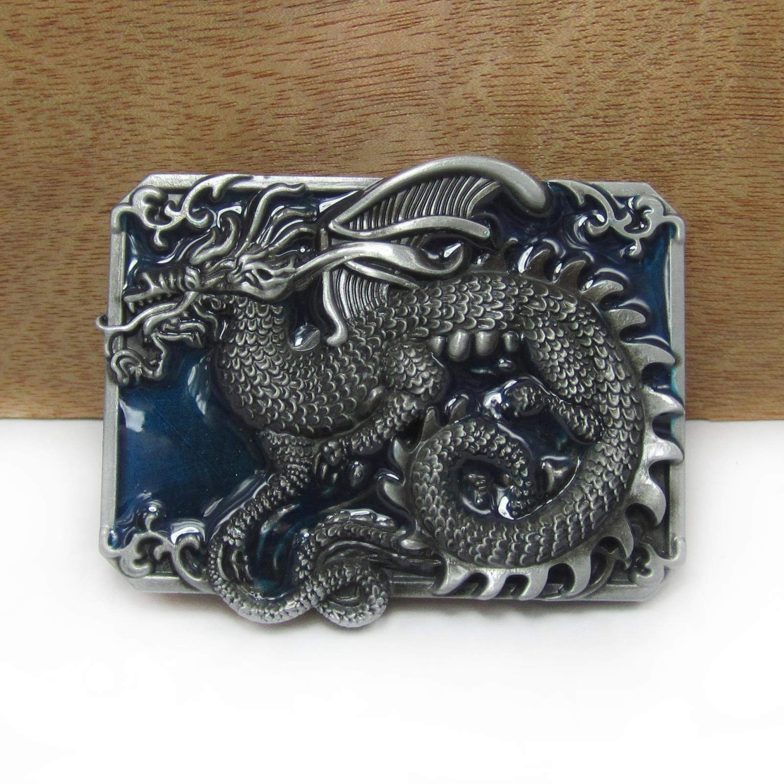 LPOK feature blue enameled dragon western cowboy jeans gift belt buckle 02430-1 pewter finish 4cm width loop -default,a