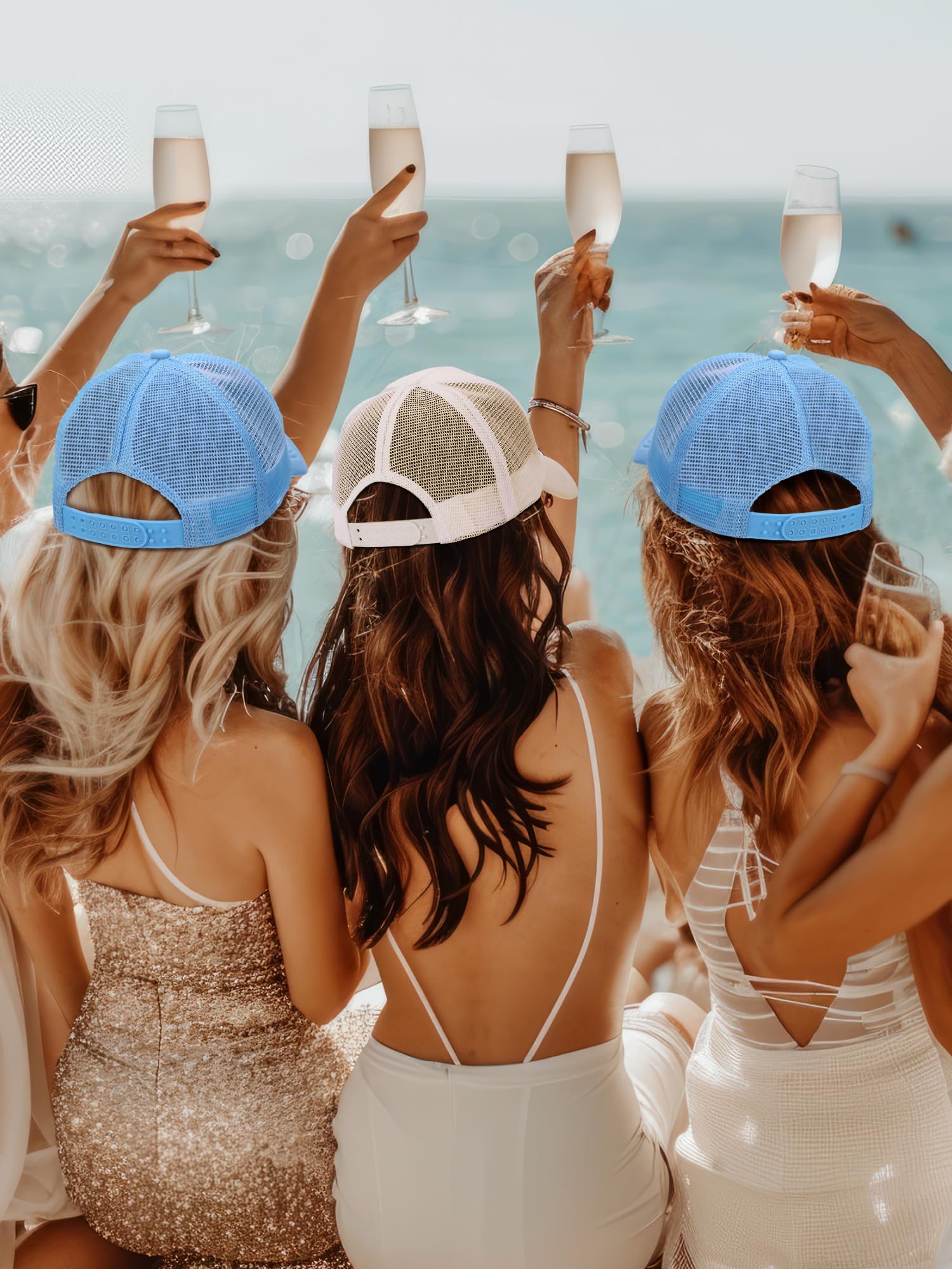 Shyyween Paquete de 8 sombreros de despedida de soltera del club social que incluye 1 gorra de novia y 7 gorras de camionero The Bach Club