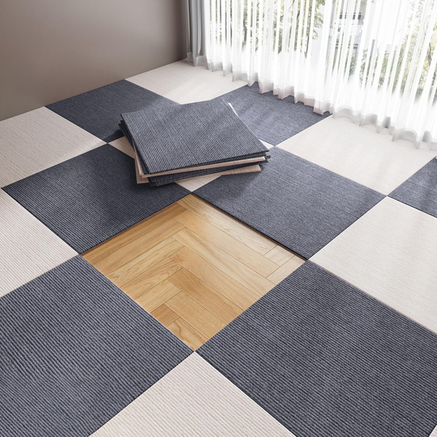 Home Carpet Tiles 14 Pcs 12x12 Inch Soundproof Self Adhesive Carpet Tiles,Peel and Stick,Non-Slip,Washable,0.2 Inch Thickness(Grey,14 Pcs)
