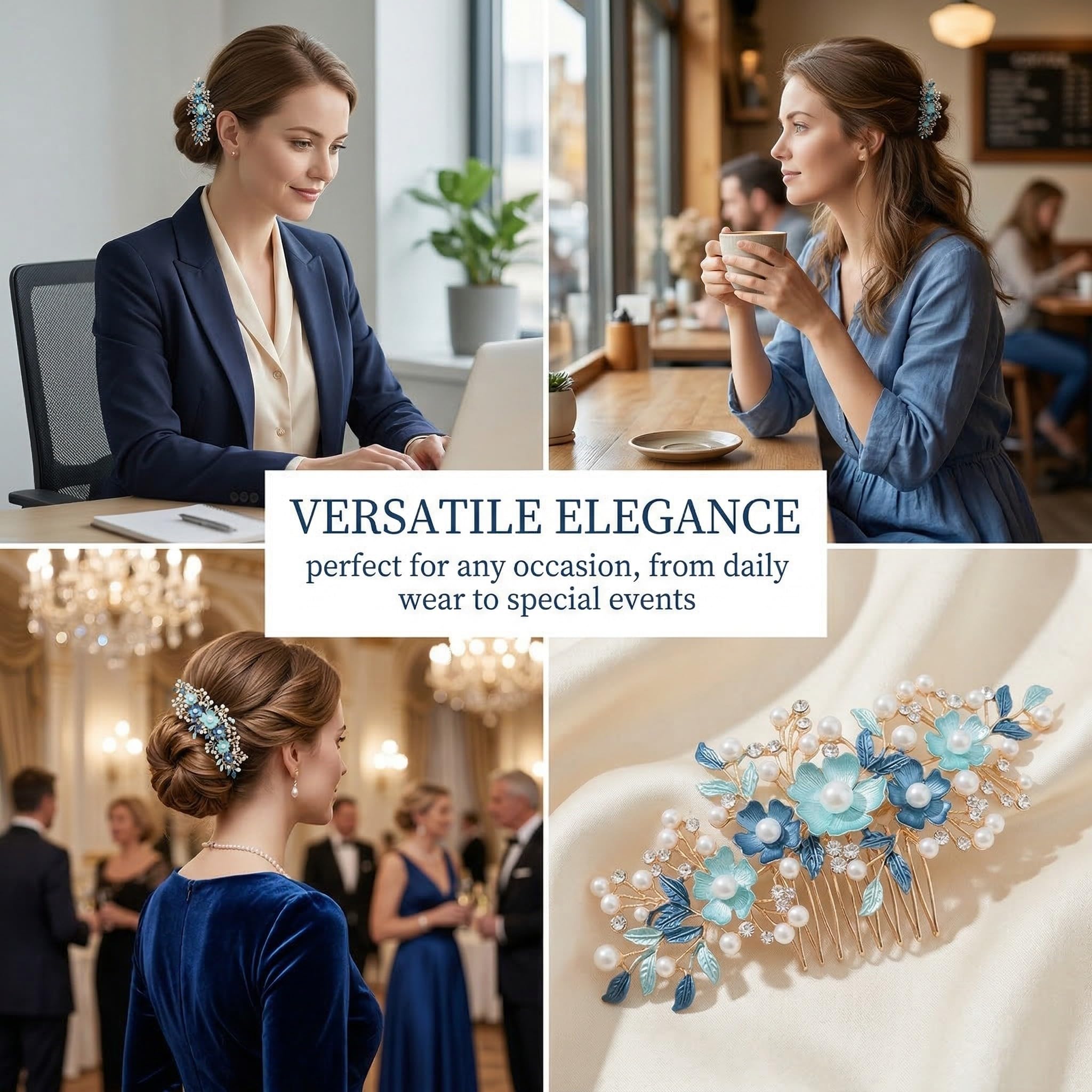 Peineta de Flores para Boda con Perlas, Tocado de Diamantes de Imitación de Flores, Nupcial Decorativo Diadema Fiesta de Bodas Pelo de Noche, Simple y Generoso, Azul