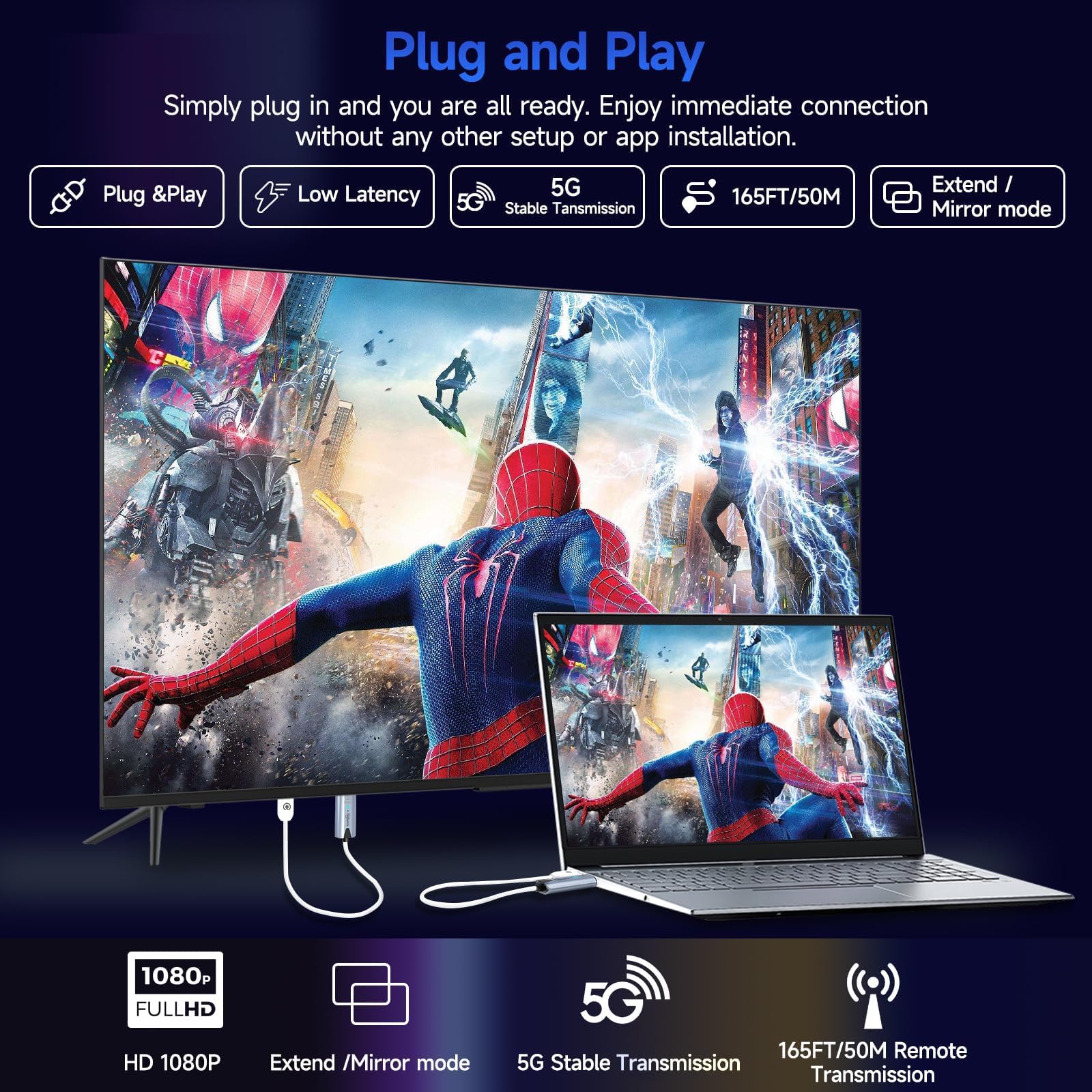 Émetteur et récepteur HDMI sans fil améliorés 2024, 50 m, Plug & Play, kit d'extension HDMI sans fil 2,4 G/5G pour bureau, PC, TV Box, PS5/4 vers TV/moniteur/projecteur.