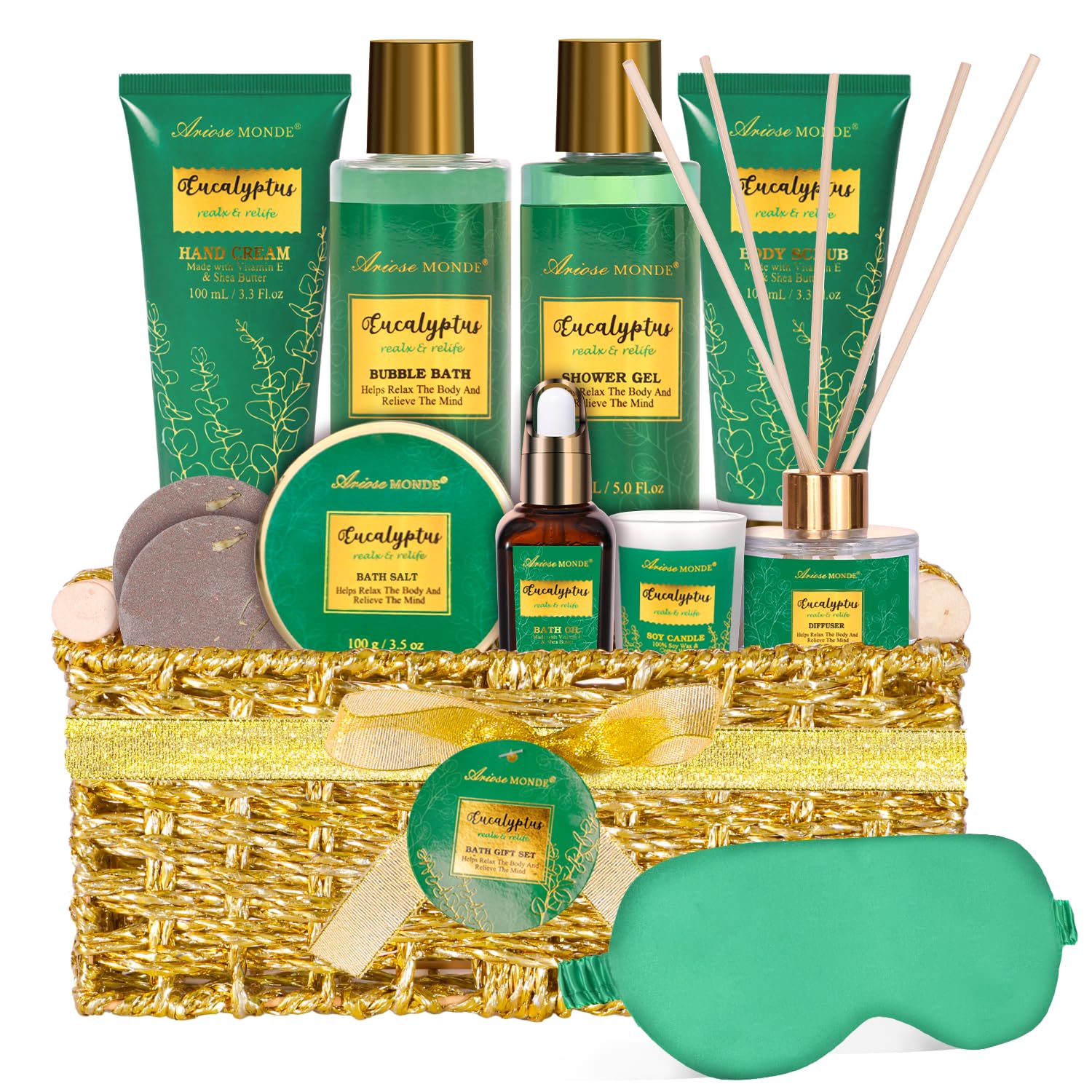 Gift Baskets for her, Spa Gifts for Women-13pcs Eucalyptus At Home Spa Kit with Body Salt, Bubble Bath. Relaxing Bath Sets for Women Gift, Birthday