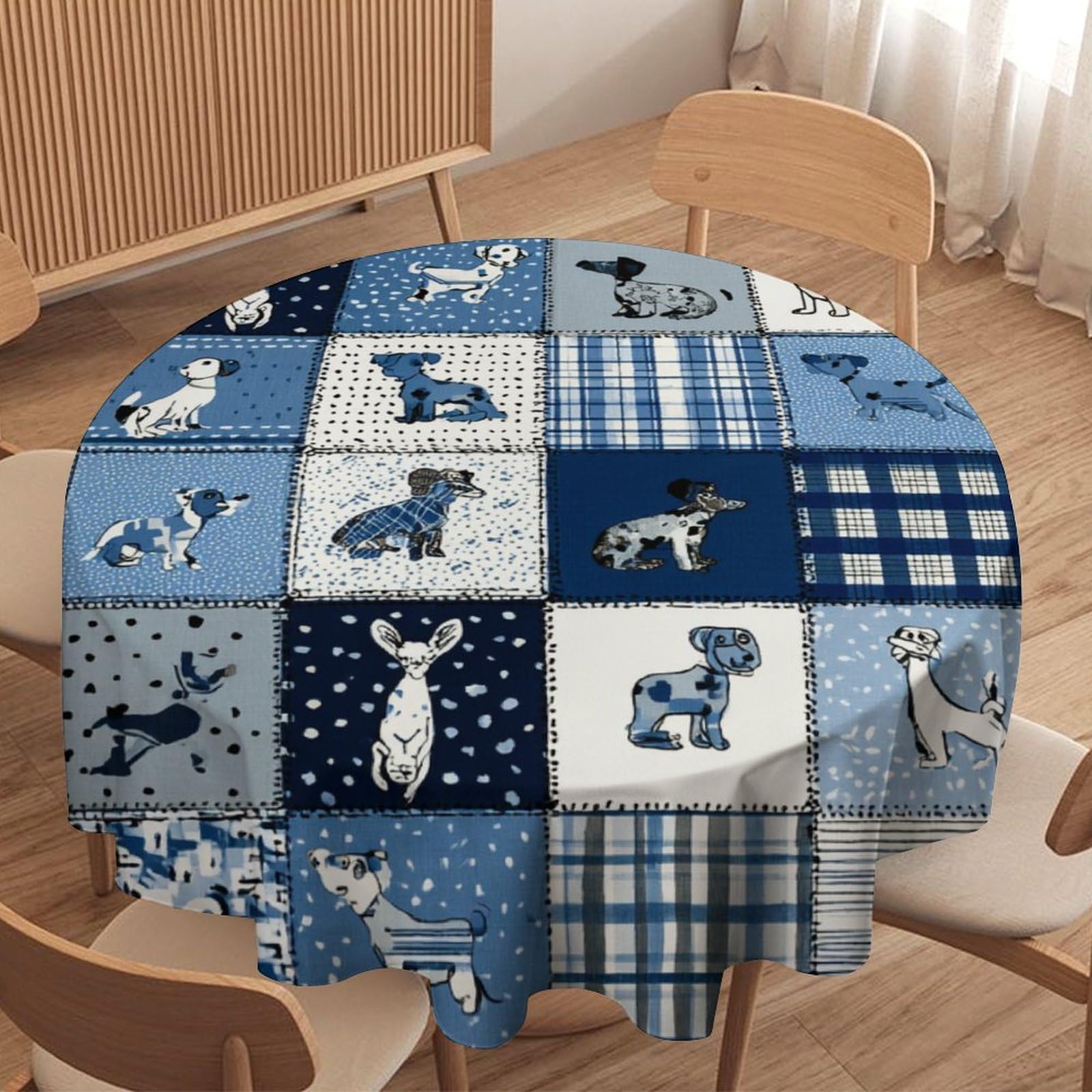 LUYYSKY Beautiful Funny Dog Silhouette Waterproof Round Tablecloth Vintage Rustic Patchwork Art Animals Dog Puppies Washable Table Cover for Kitchen-127 Wx127 L cm