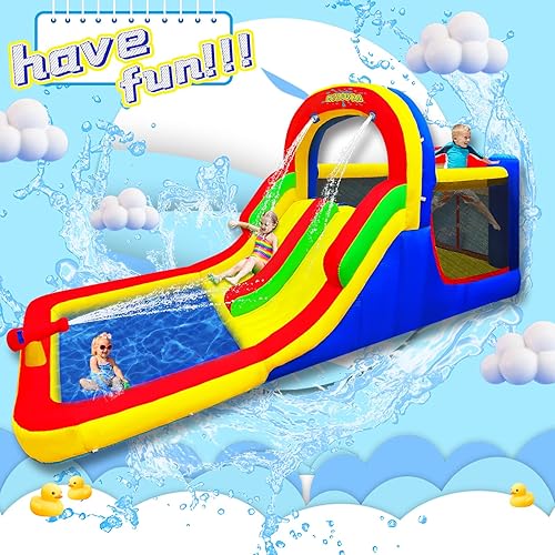 Miniatura 2 de MEIOUKA Castillo inflable de doble tobogán acuático inflable para niños con soplador de 580 W toboganes de agua dobles piscina al aire libre parque