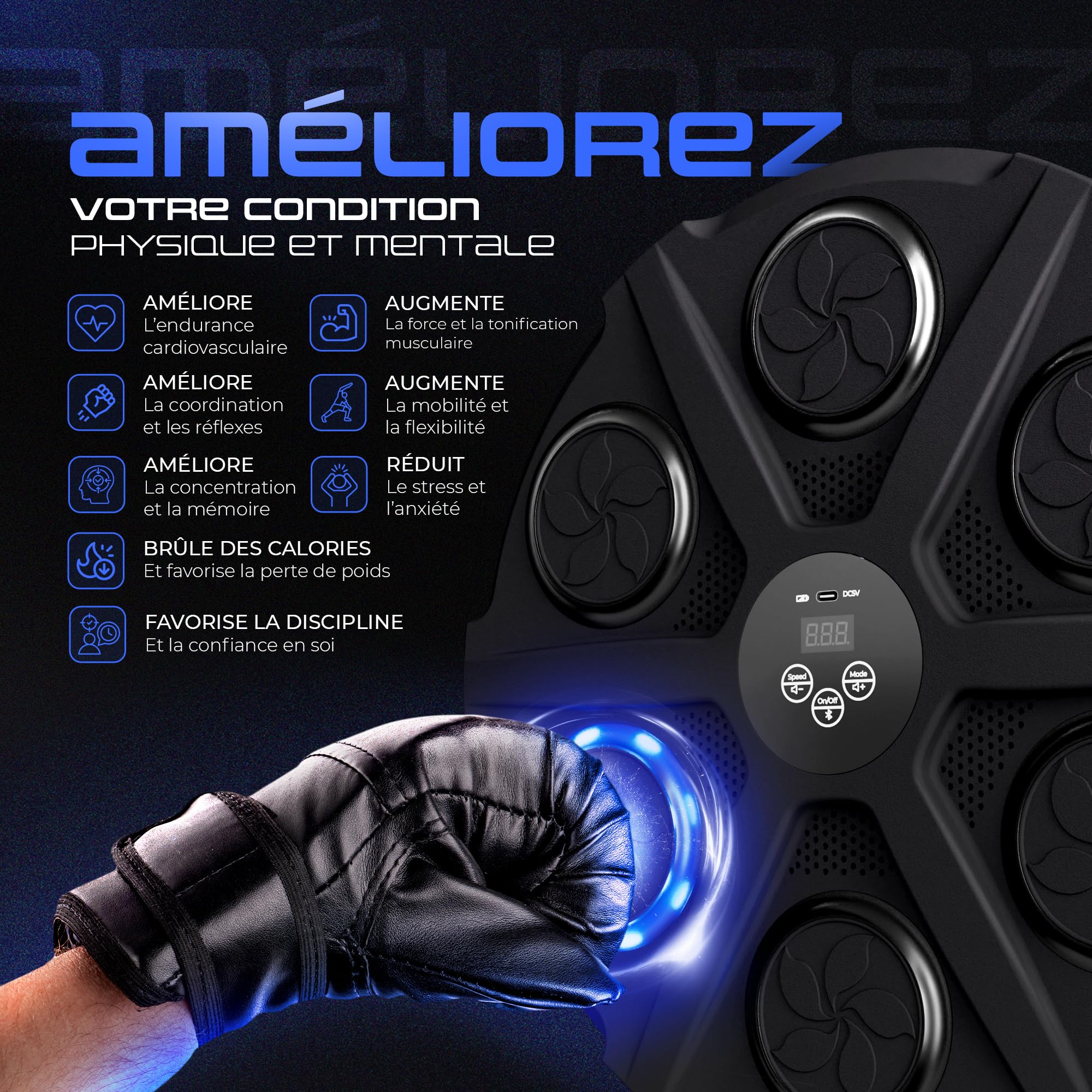 EZERO Machine Beatpunch Boxe Adulte Bluetooth LED Entraînement interactif Boxe Mural Musique Améliore Réflexes Endurance Set Complet