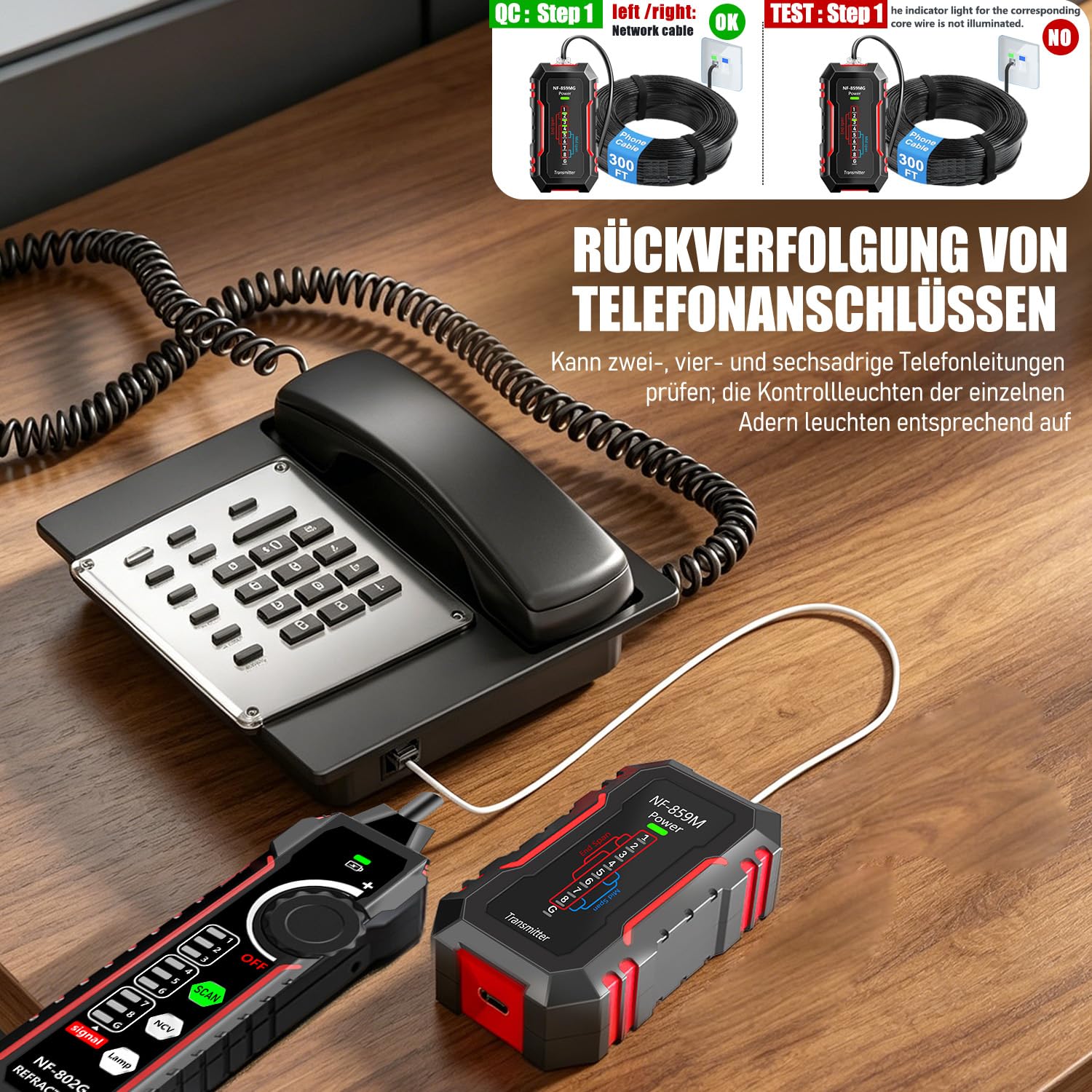 Netzwerkkabel-Tester, Ethernet-Kabel-Tester, Leitungsfinder, Tongenerator, Kabel-Tracer, NCV/LAN/POE/RJ45/RJ11/Cat5/Cat6/Cat3-Netzwerke, Kabelprüfung und Telefonleitungsprüfung NF-802MG