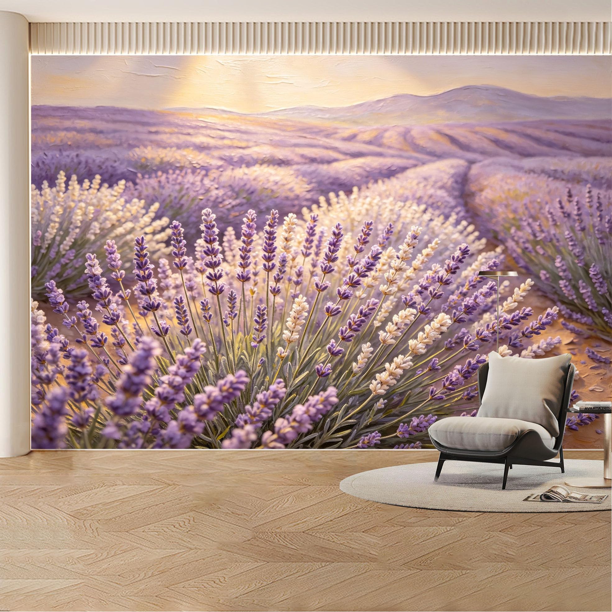 Custom Wall Mural Wallpaper Lavender Field Landscape Nature Wall Decor Large Wall Art Sunset Pastel Minimalist Removable SelfAdhesive Large Photo for Living Room， Bedroom， Office