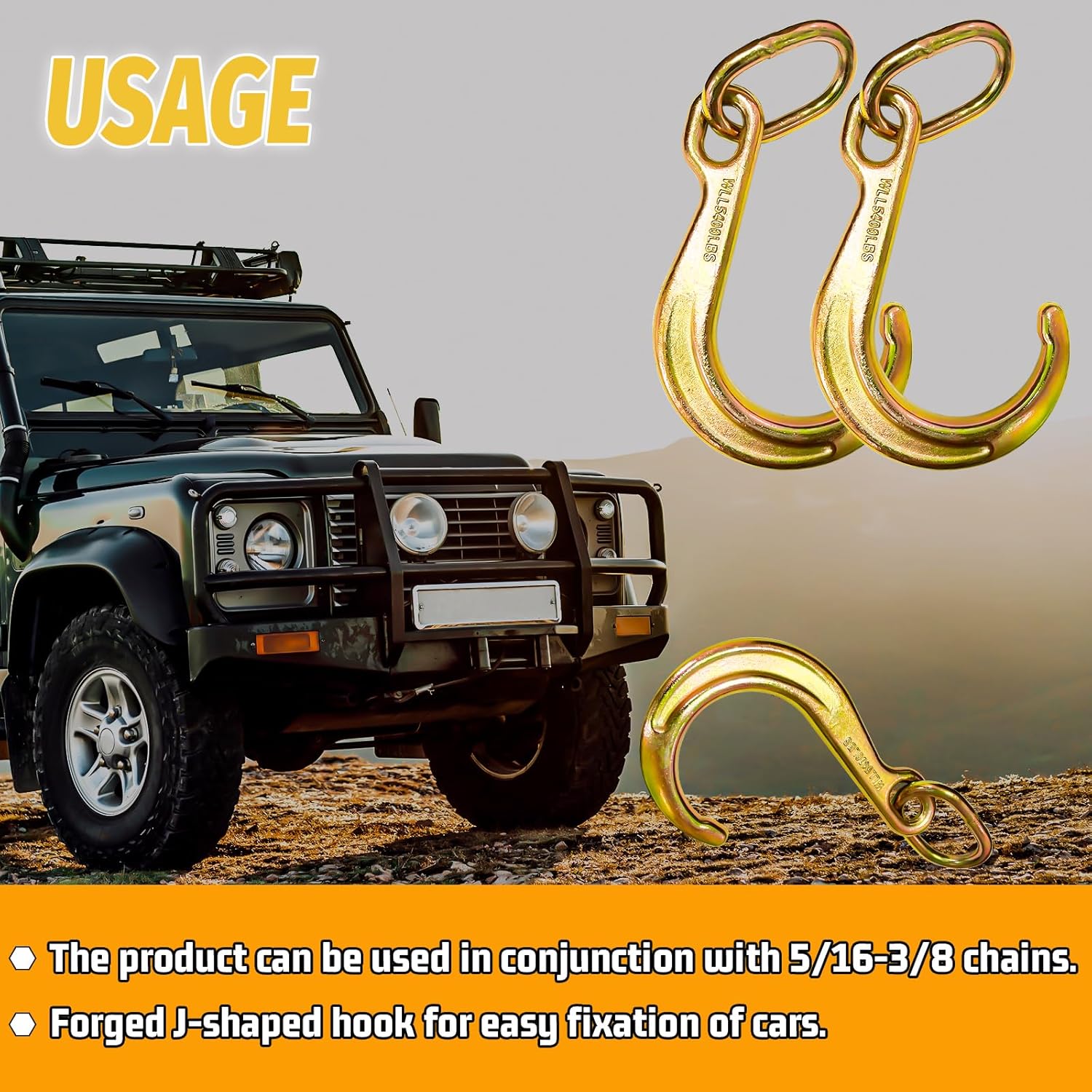 G70 J Hook 8 Inch Short Tow Hook on Coupling Link 5400 Lbs Safe Working Load Yellow Zinc Towing J Hook Axle Strap Wrecker Roll Back Clevis for Chain Heavy Duty for Trucks Flatbed Trailers