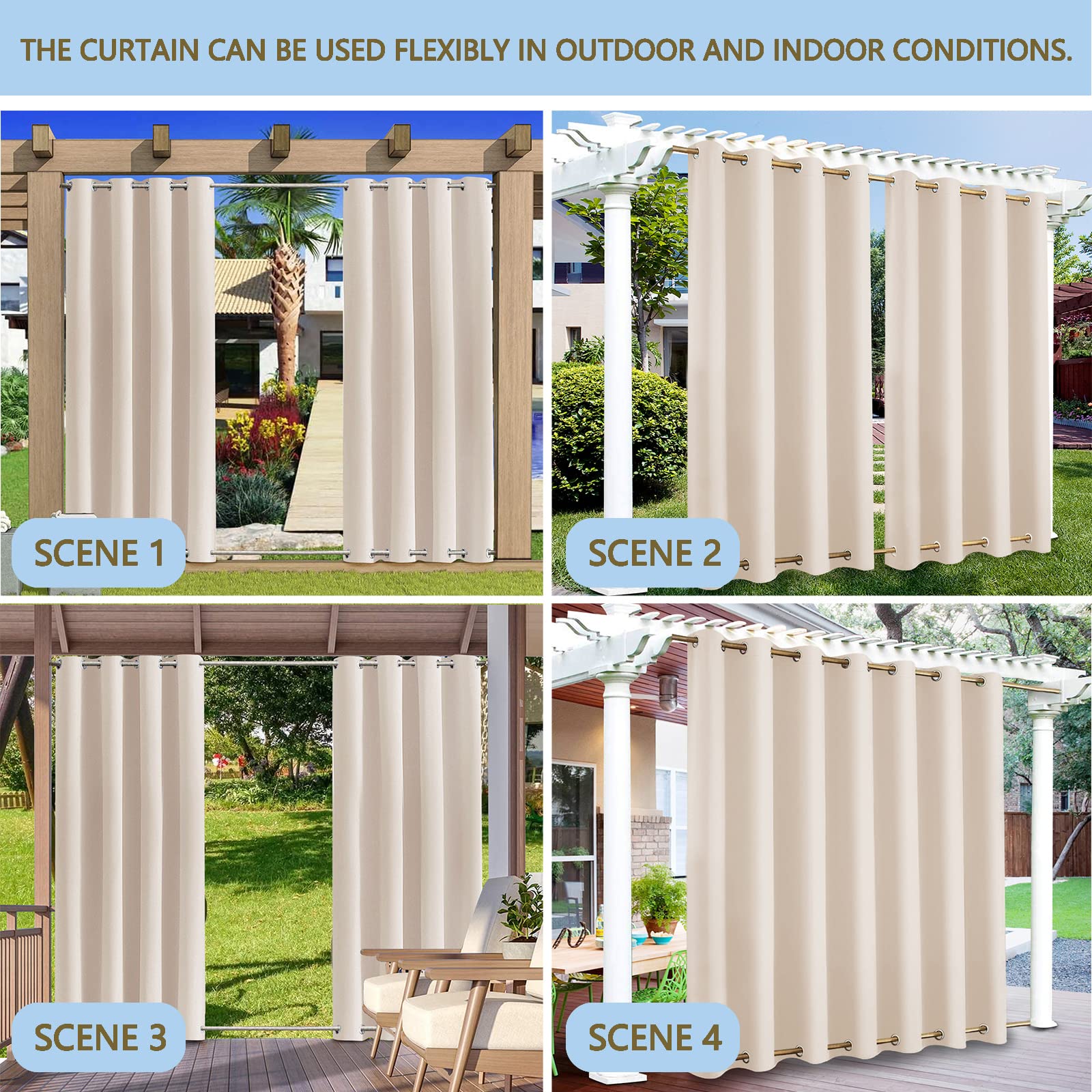 Tenda impermeabile da esterno per pergolato da giardino beige antivento drappeggio con occhiello staccabile a prova di scolorimento 73,7 x 114,3 cm, 1 pezzo