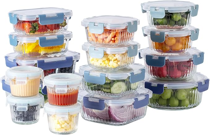 COOK WITH COLOR Premium 32-Pc. Borosilicate Glass Food Container Set with Dividers - 4 Rectangles, 8 Rounds, 4 Squares - Leakproof Lids - Meal Prep, Storage, Fluted Ombre Black