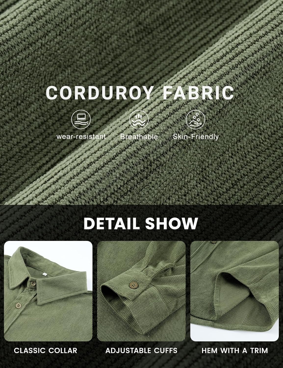 Eisctnd Men's Corduroy Shirt Jacket - Button Down Long Sleeve Casual Streetwear Loose Fit Lightweight Shacket for Spring Fall