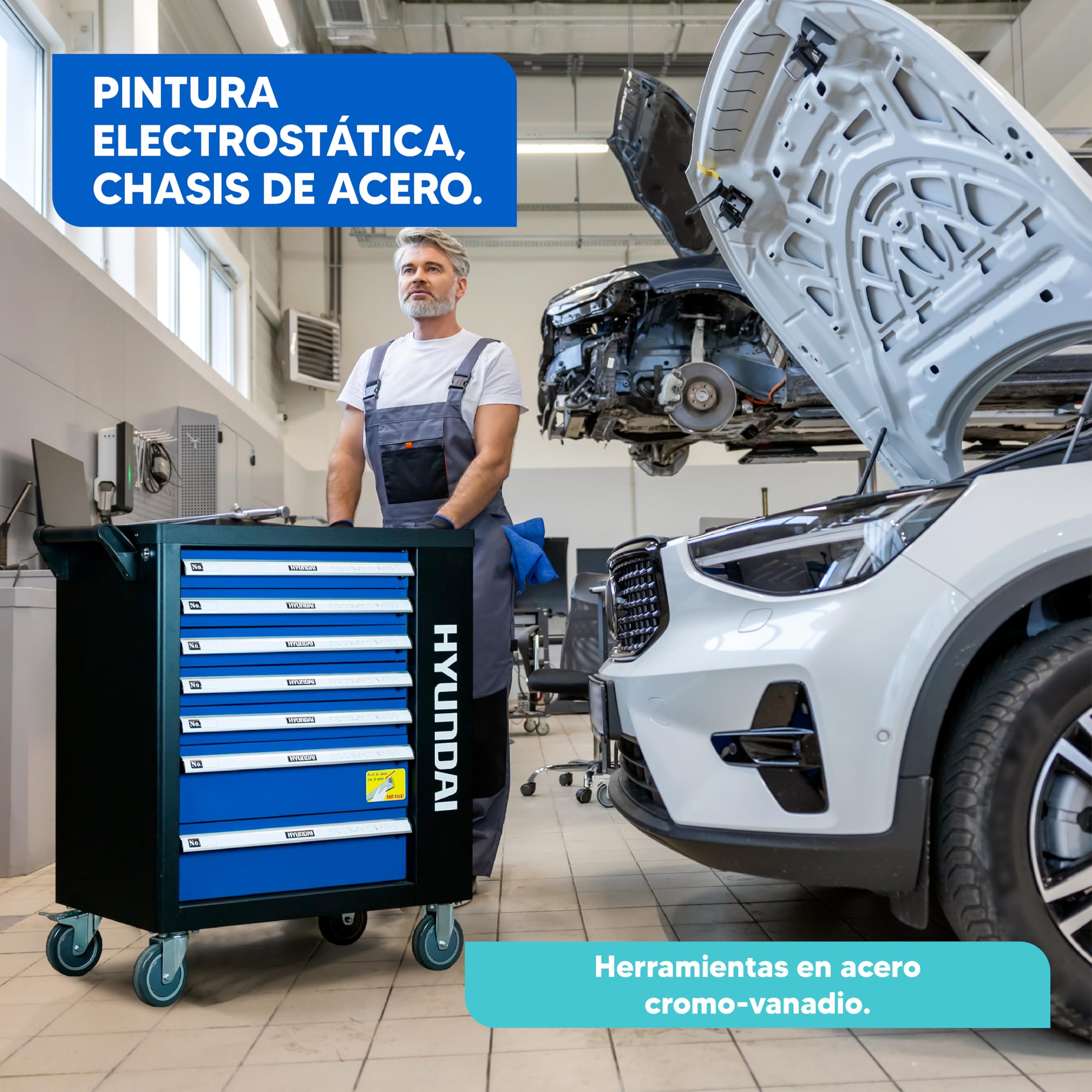HYUNDAI Carro de Herramientas con 297 Piezas para Taller Profesional - Carro de Herramientas con 7 Cajones y Cierre con Llave - Organizador para Herramientas con Llave de Carraca y Chasis de Acero