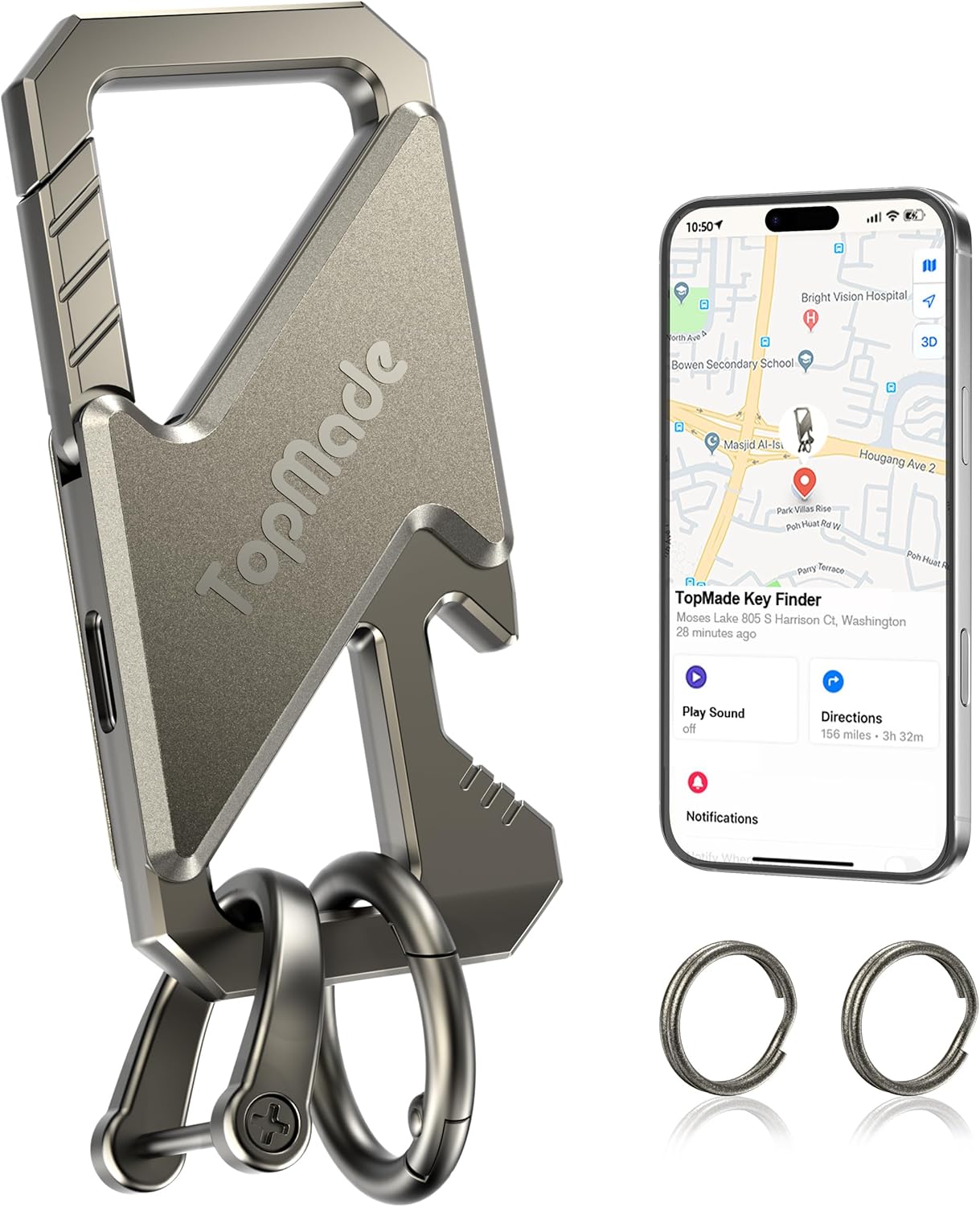 TopMade Keychain Works with Apple Find My, Carabiner Heavy Duty Car Key Chains Bottle Opener with Smart Bluetooth GPS Tracker, Rechargeable Key Finder Item Locator for Luggage, Backpack, Gunmetal