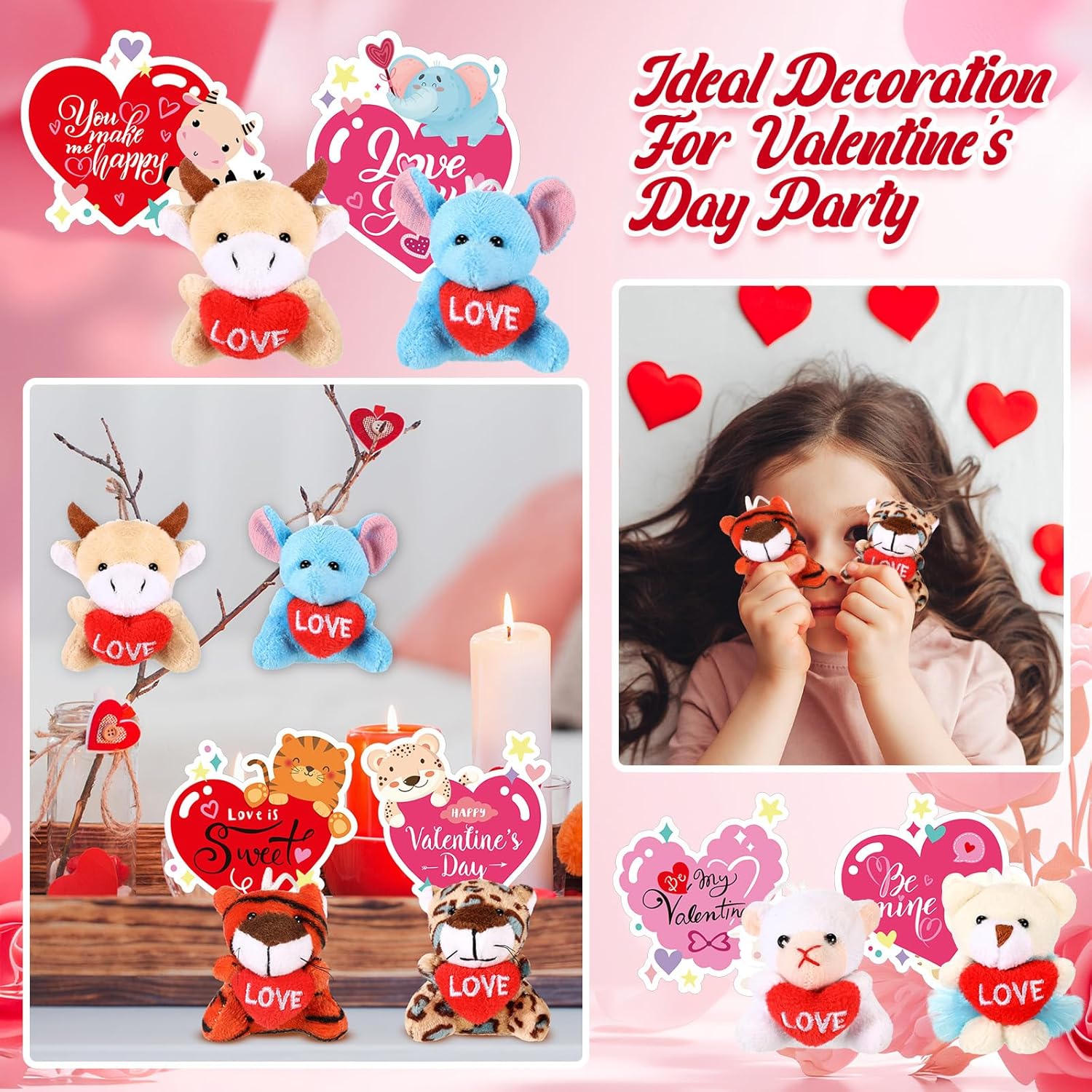 Hollowfly 30 Set Valentine Plush Bulk Valentine Classroom Gifts for Kids Mini Stuffed Animals with Cards for Students Party Favors School Exchange Prize