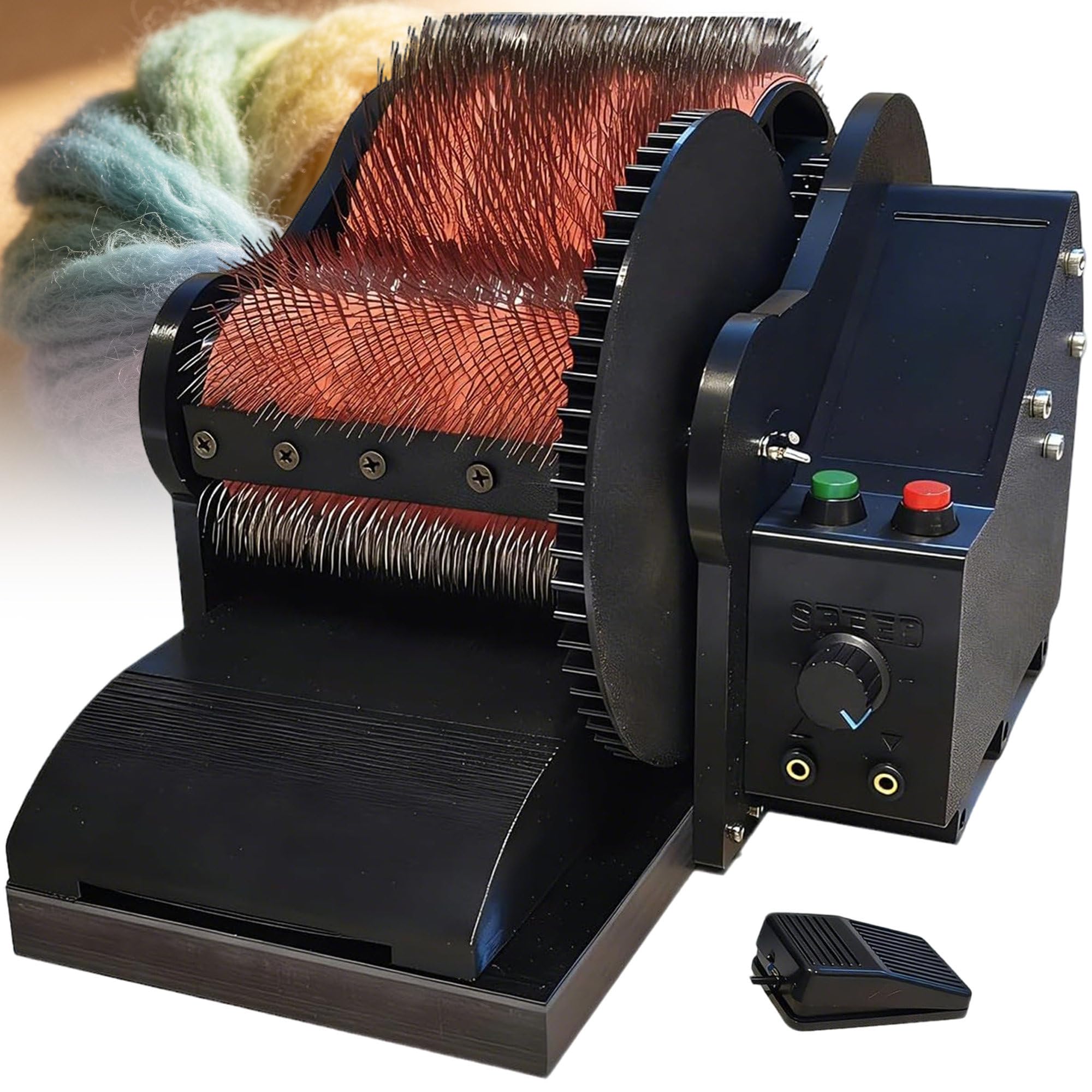 PoiToe Electric Drum Carder 50W Motor Fiber Blending Machine with Metal Gear Assembly ABS Housing and 56 RPM Speed Control, for Wool, Silk, Angora, Raw Animal Fiber, Impurity Removal. Unit