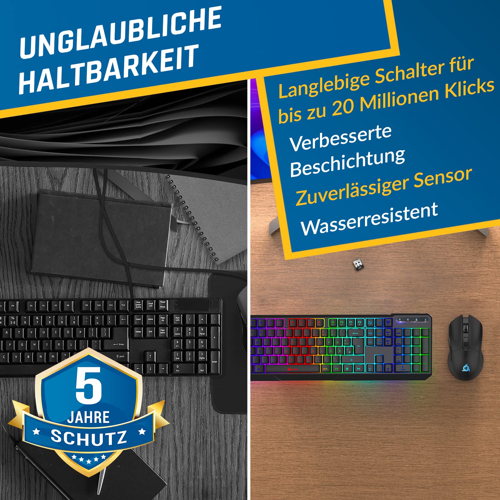KLIM Blaze & Chroma - NEU - Tastatur Maus Set Kabellos QWERTZ- Flach, Ergonomisch - Maustastatur für PC, Eingebauter, langlebiger Akku