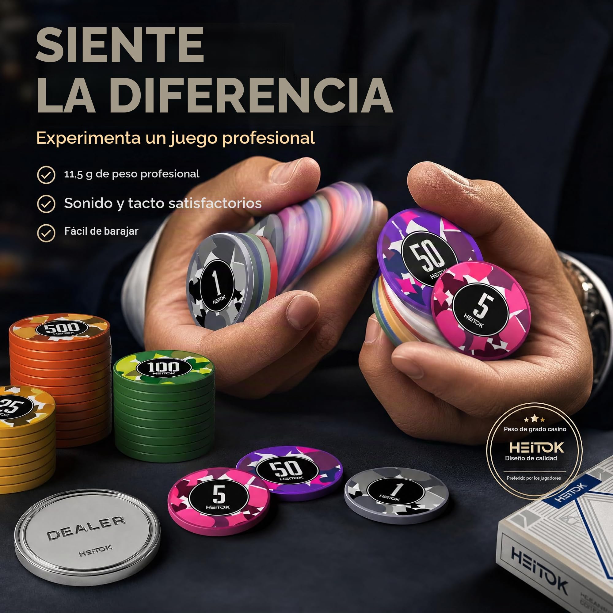 HEITOK Maletín de Póker Profesional 300 Fichas Numeradas 11.5g Peso Casino - Estuche Aluminio Reforzado, Botón Dealer y Barajas para Texas Holdem
