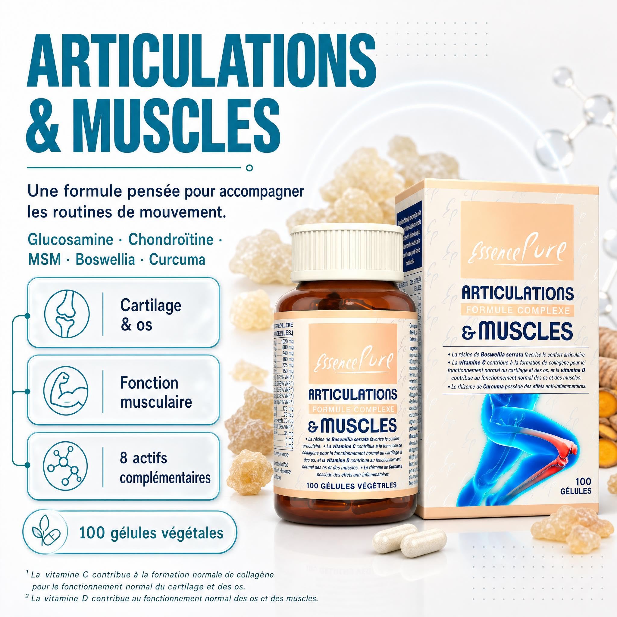 Glucosamine Chondroïtine MSM + Collagène marin + Boswellia 30% AKBA | Acide hyaluronique, Curcuma, Bioperine®, Vitamines C & D | Articulations & Muscles | 100 gélules | Essence Pure