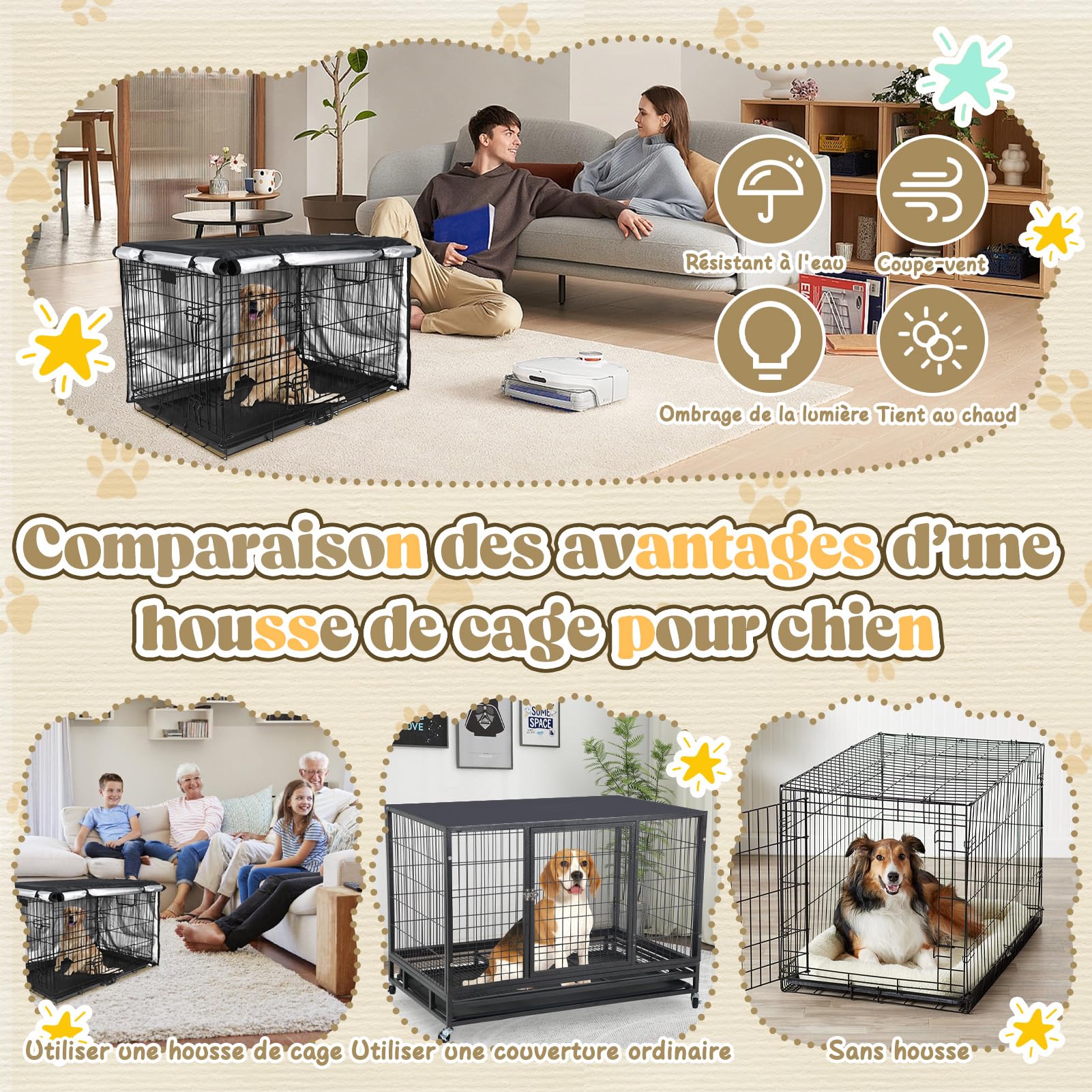 Copertura per gabbia di cane VINGVO, Copertura per gabbia di cane, Copertura per gabbia di cane 600D, Impermeabile e durevole, Copertura universale per la maggior parte delle gabbie (42pollici)