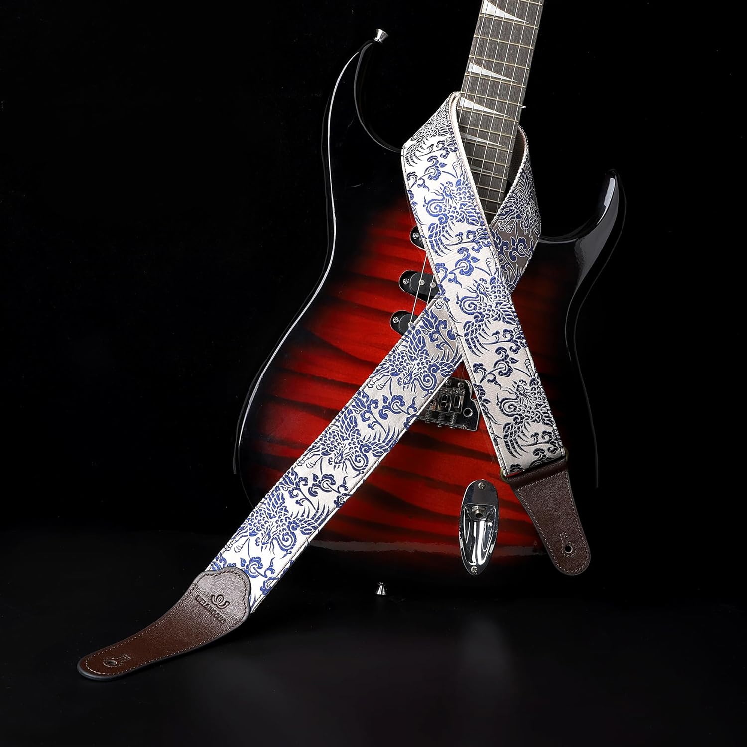 Guitar Strap, Electric& Acoustic bass guitar straps,embroidered filament with Head Cowhide Leather strap, with Free Strap Button,2 guitar Strap Locks，4Guitar Pick (Cyanotype)