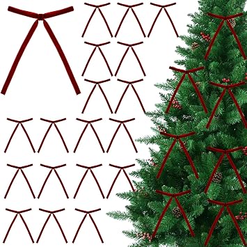 24 Pcs Red Bows for Christmas Tree Bows Red Velvet Bows For Christmas Tree, Tree Ribbon for Xmas Wreaths Garland, Gift Wrapping, 4 x 7 Inch Home Party Decor Indoor Outdoor Decor