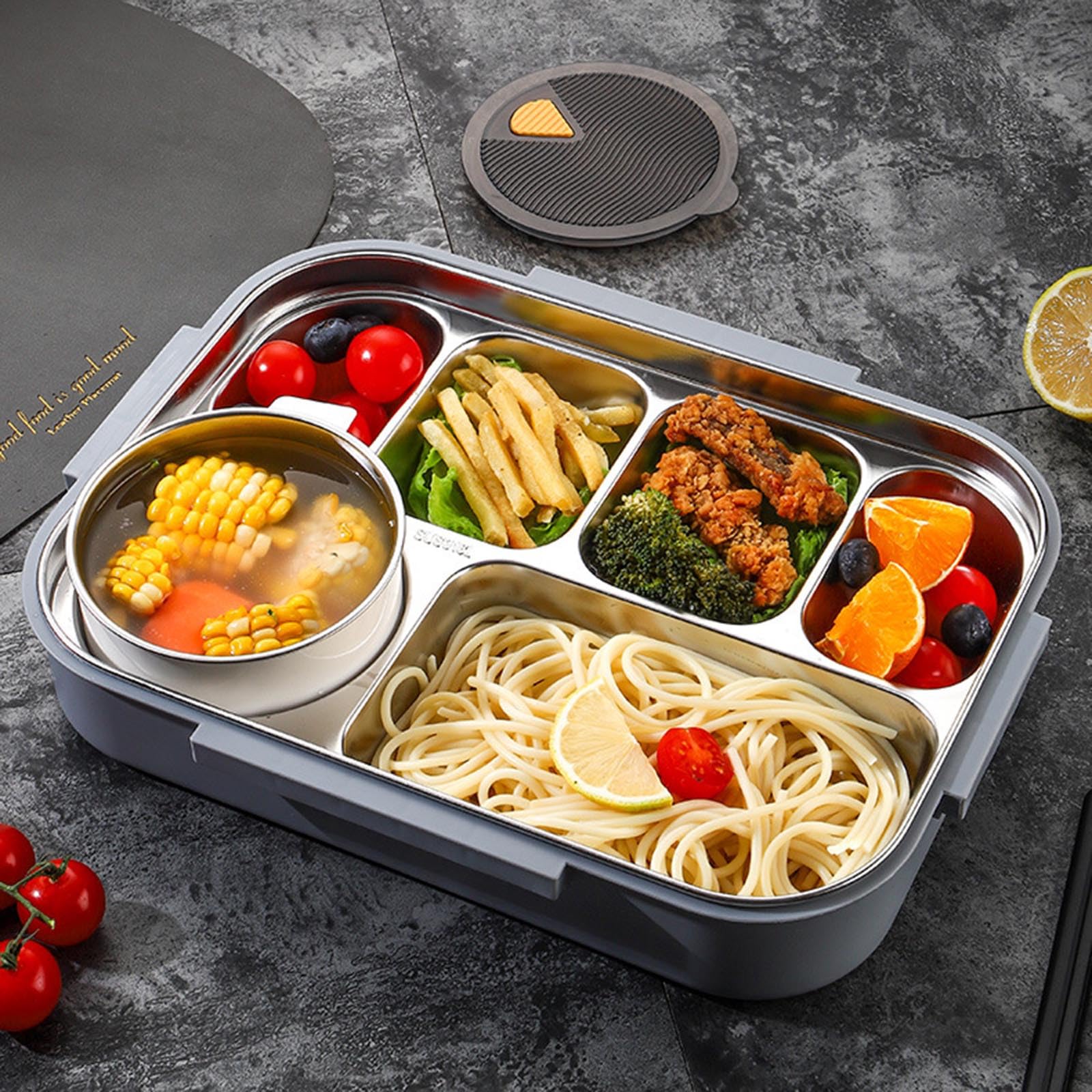 Lonchera térmica de gran capacidad con cuenco de sopa y cubiertos, 6 compartimentos, acero inoxidable, doble capa, contenedor de alimentos