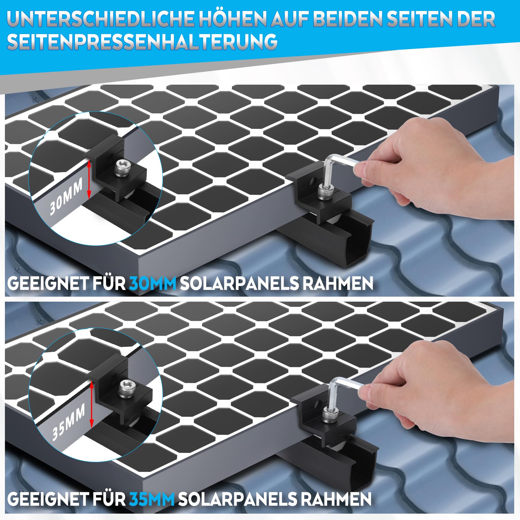 Kit de Montage PV pour 4 Module,Support de Panneau Solaire, Rail Noir de 12 CM,Clips de Drainage d'eau 30 MM, Pince Réglable pour Modules de 30 à 35 mm d'épaisseur- Pour toit plat,trapézoïdal