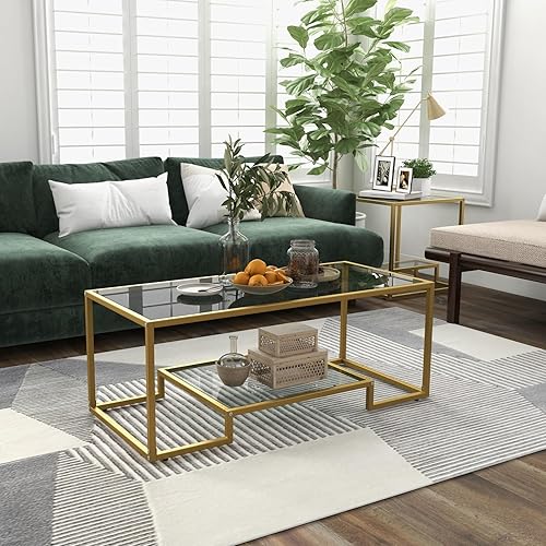 Miniatura 3 de Nafort Mesa auxiliar de vidrio templado mesa central moderna rectangular dorada de 45 pulgadas con estante de almacenamiento inferior marco de metal