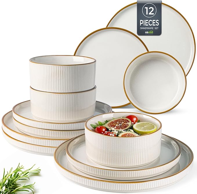 GBHOME Stoneware Dinnerware Sets for 8, Round Reactive Glaze Ceramic Plates and Bowls Set, Highly Scratch Resistant | Dishwasher & Microwave Safe Set，Service for 8（24pcs)