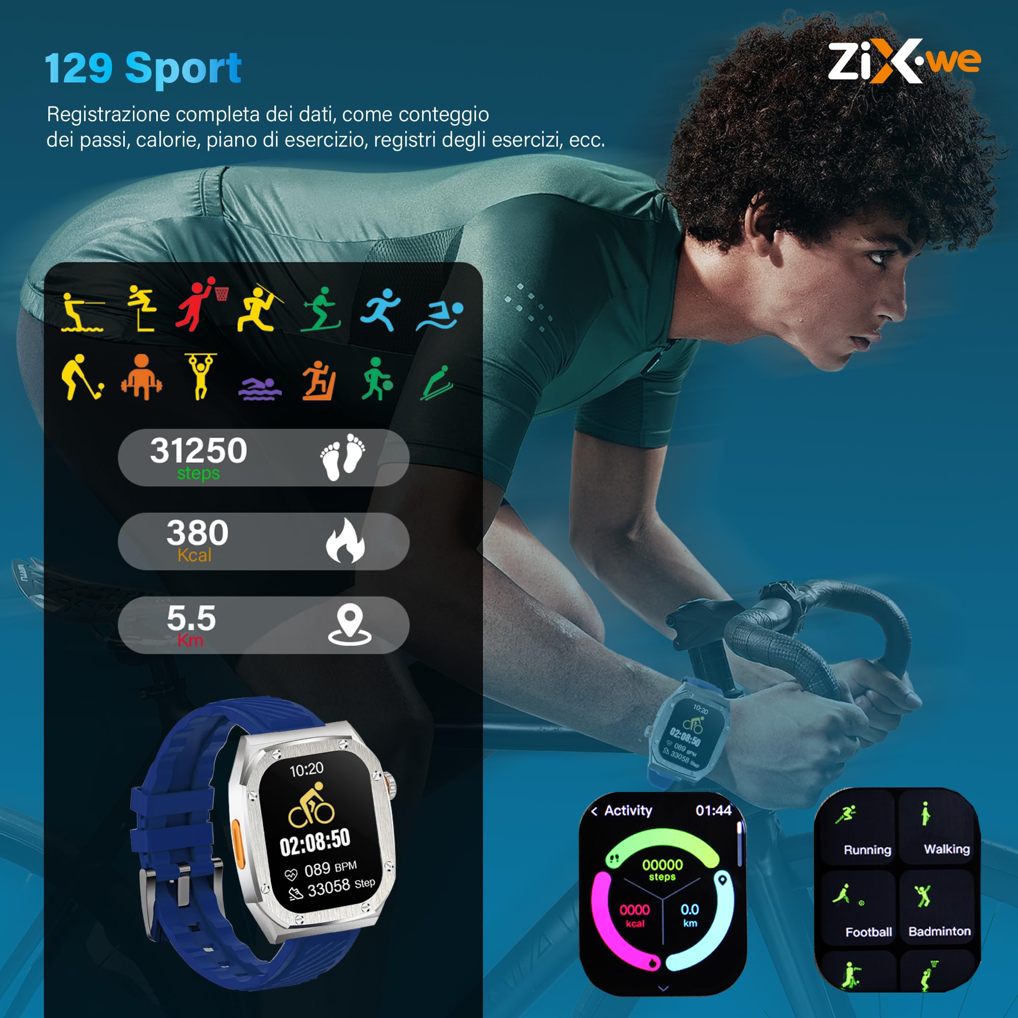 Smartwatch Uomo Donna con Display Amoled 2.1’’ Sempre Acceso, 460 mah Batteria a Basso Consumo, Impermeabile IP68, Telefonate Bluetooth, Sonno Cardiofrequenzimetro, +120 Modalità Sportive (Blu)