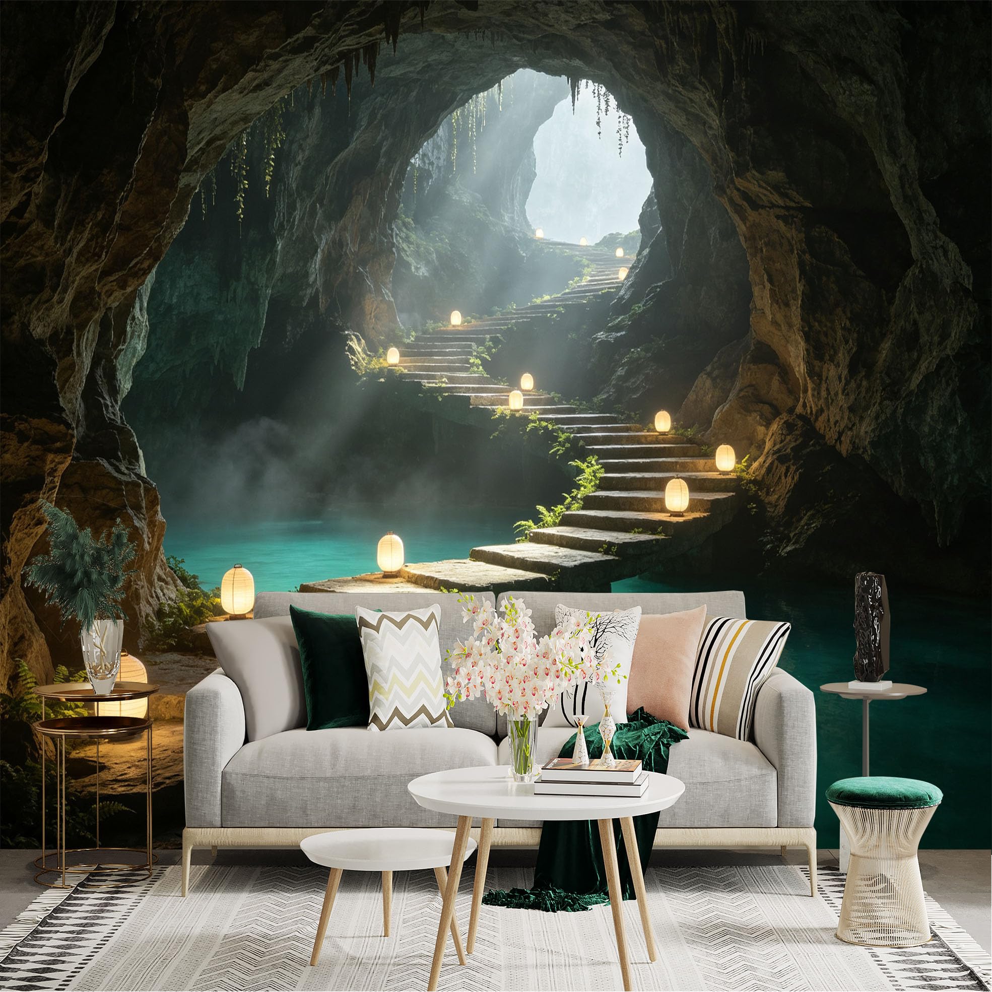 Custom Size Wall Sticker Mural， Mystical Stone Staircase Inside Cave， Glowing Lanterns and Underground Lake， Fantasy Landscape View， for wall Decoration， peelandstick wall Decals.