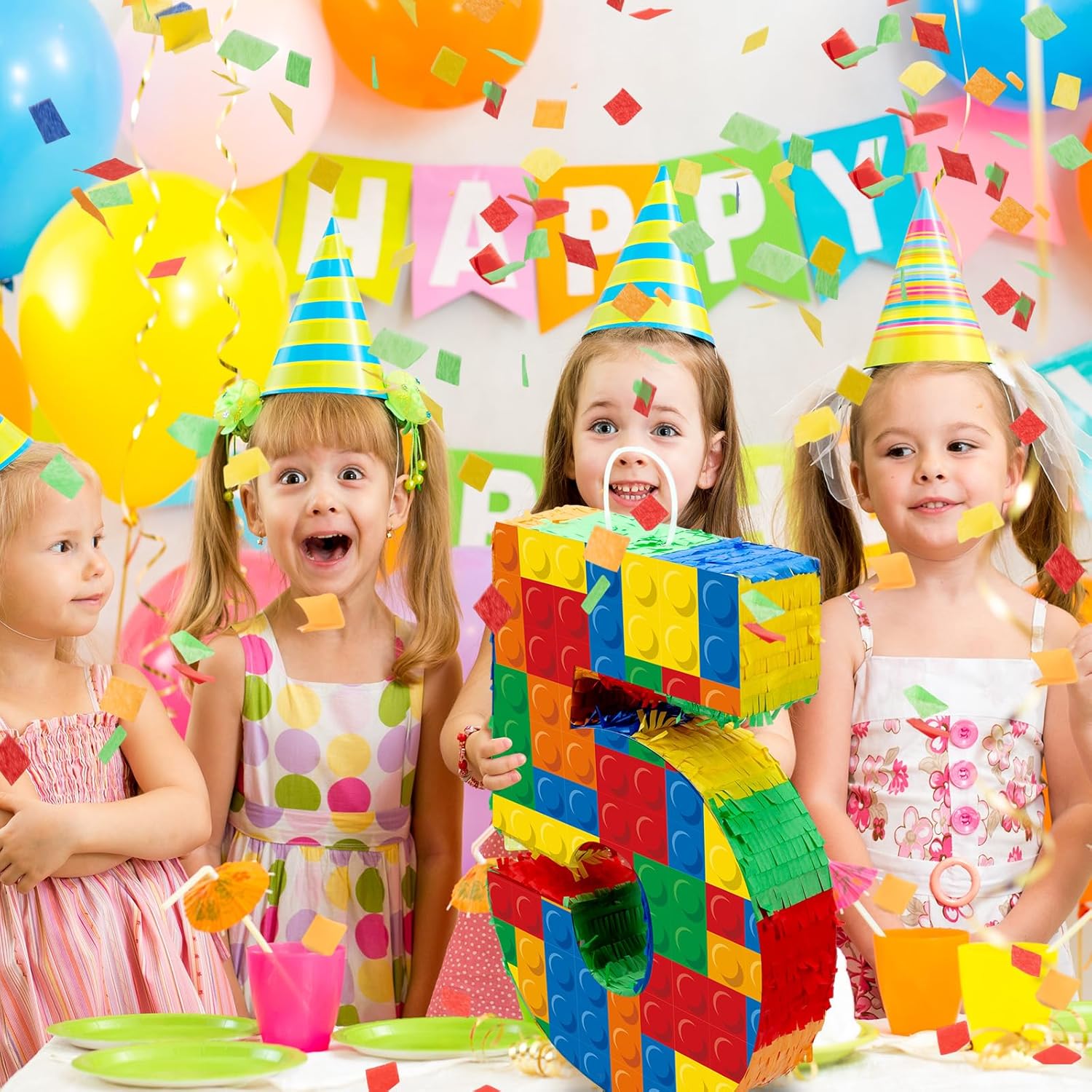 RoundFunny Number 5 Building Blocks Piñata 16.5 Inch Party Supplies 5th Birthday Party Decorations Piñata with Confetti Blocks Theme Fiesta Anniversary Celebration