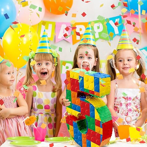 Miniatura 10 de RoundFunny Bloques de construcción número 6, piñata de 16.5 pulgadas, suministros de fiesta de 6 cumpleaños, decoración de fiesta de cumpleaños,