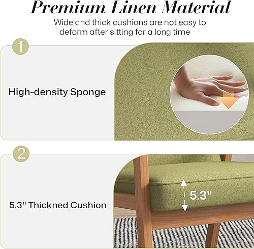 Miniatura 5 de KCC Mid-Century - Silla decorativa de tela de lino moderna, silla de ocio tapizada, cómoda silla auxiliar de lectura con reposabrazos y marco de