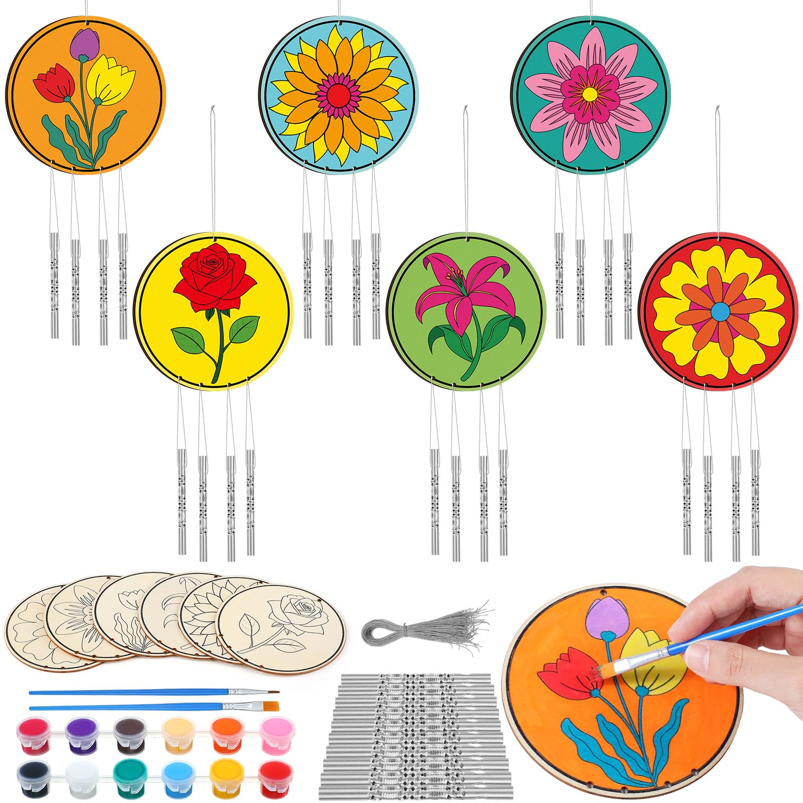 Silipull 24 Sets Spring Flower Wind Chimes Craft for Kids Back to School Color Your Own Windchime DIY Unfinished Wood Hanging Ornament Coloring Wind