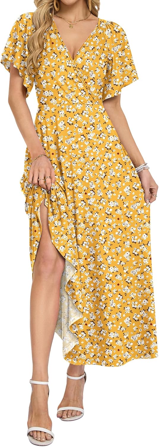 AUSELILY Maxi Dresses Women 2026 Summer Wrap Long Flowy Dress Ruffle Sleeve Deep V Neck Formal Dress with Pockets - Image 2